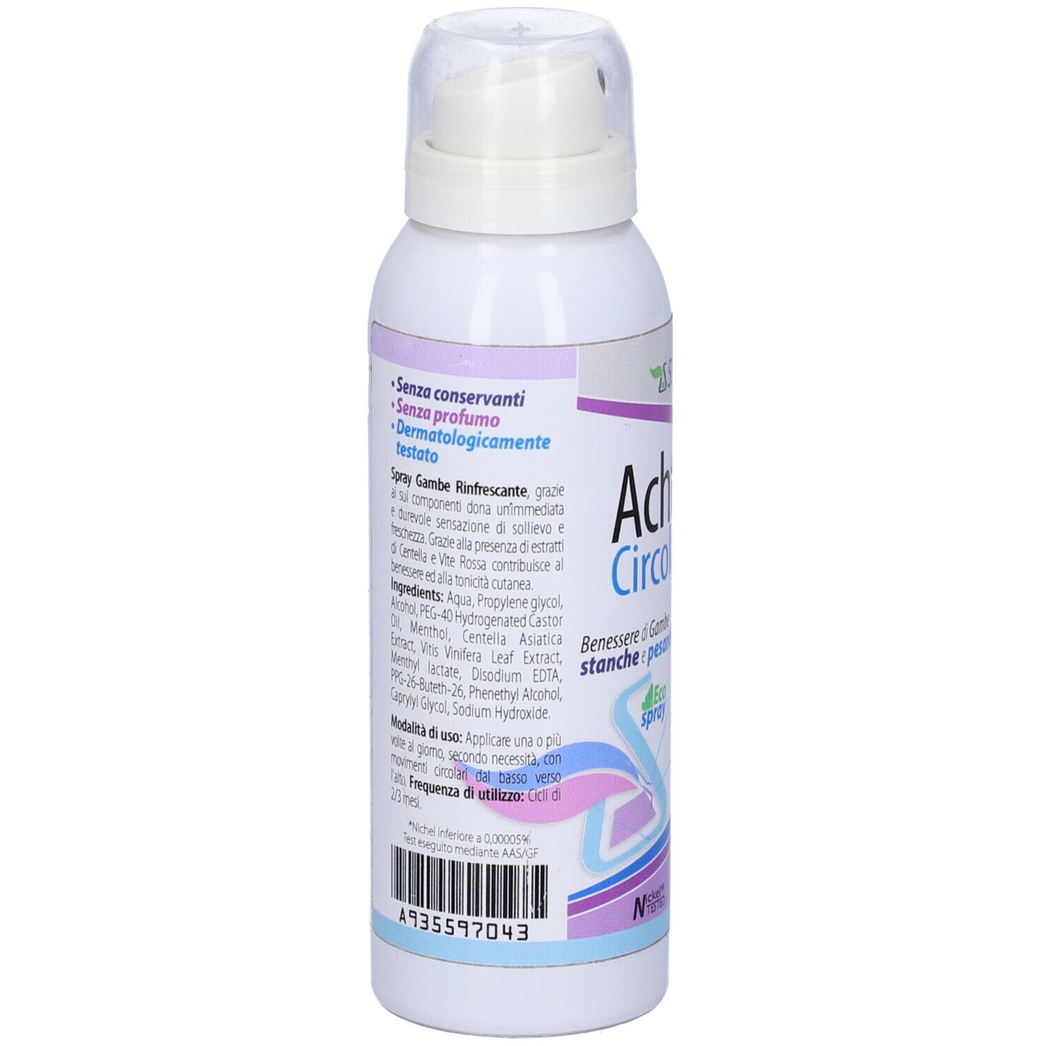Spray bianco con scritte e lista ingredienti. Con erogatore. Scritta: senza conservanti, senza profumo, dermatologicamente testato.