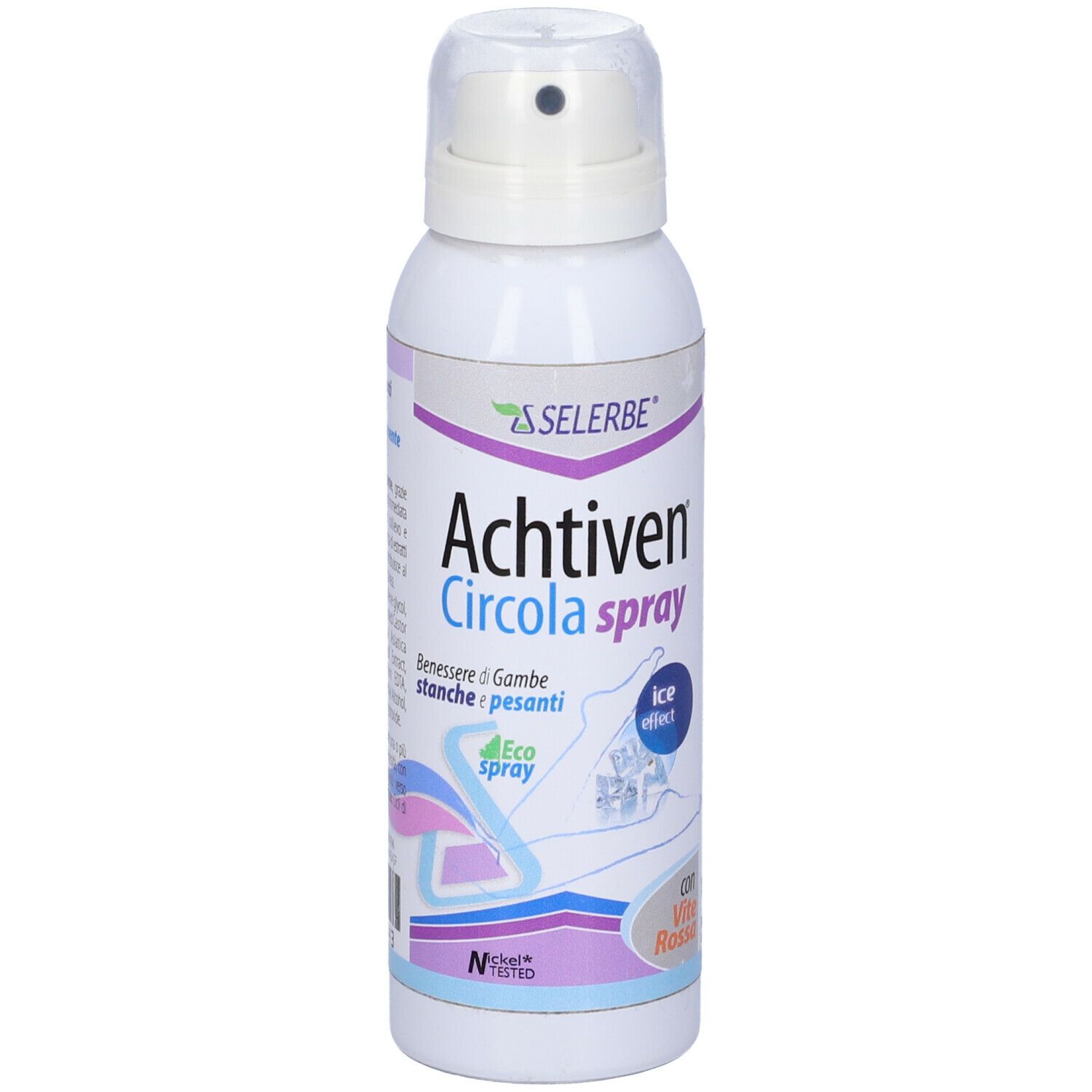 Spray bianco con scritta Achtiven Circola Spray. Con erogatore e logo. Scritta: ice effect.