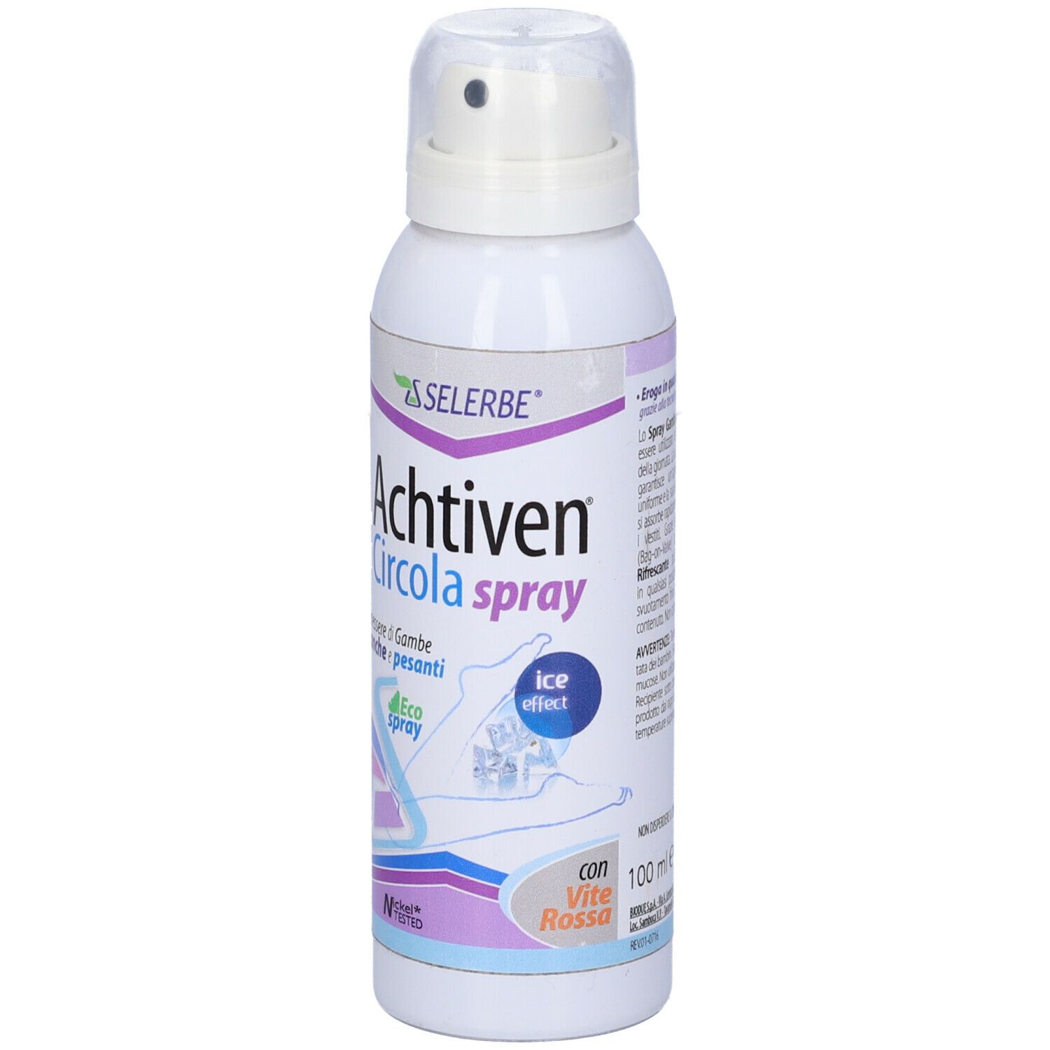 Spray bianco con scritta Achtiven Circola Spray. Con erogatore e logo. Scritta: ice effect.