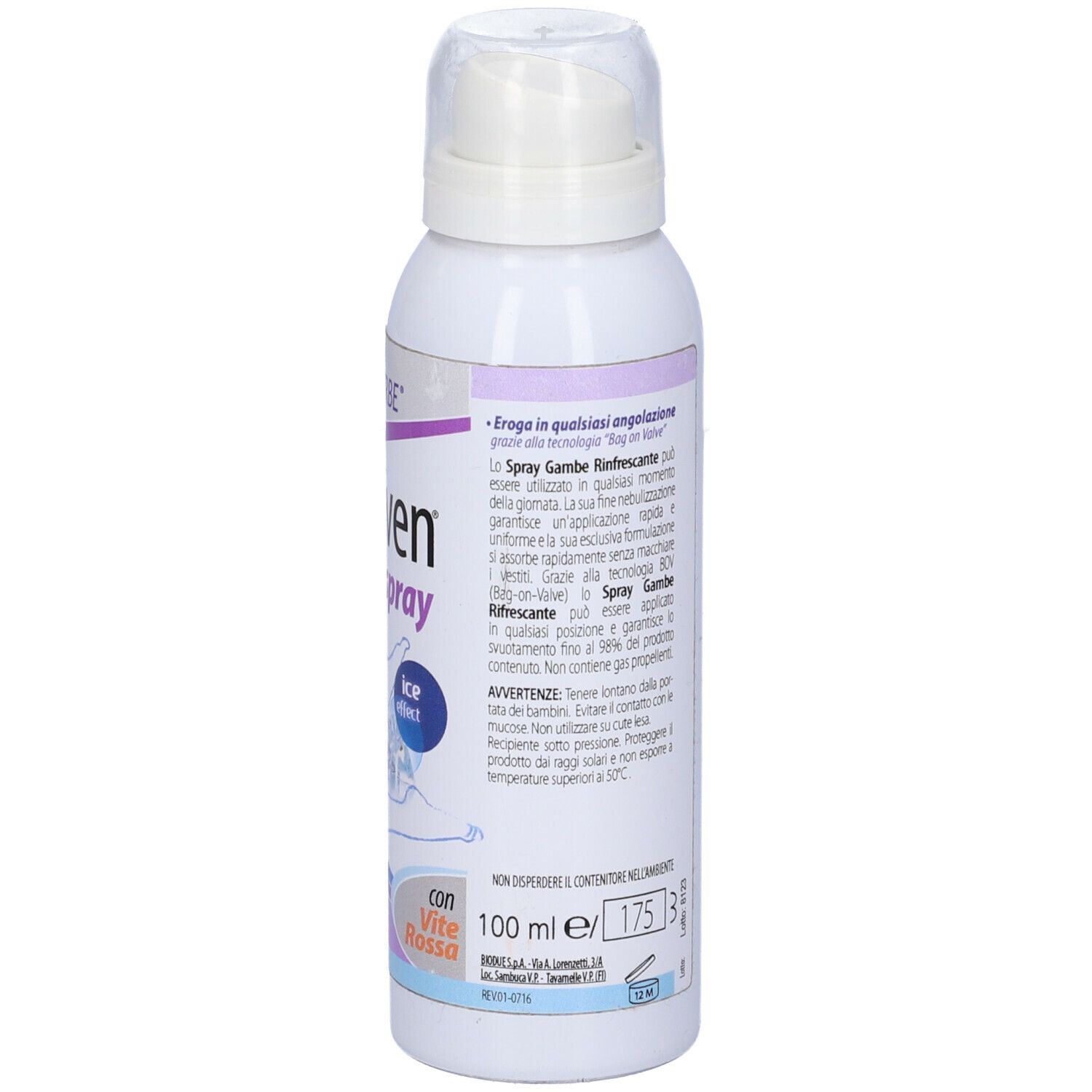 Spray bianco con scritte e lista ingredienti. Con erogatore. Scritta: 100 ml.