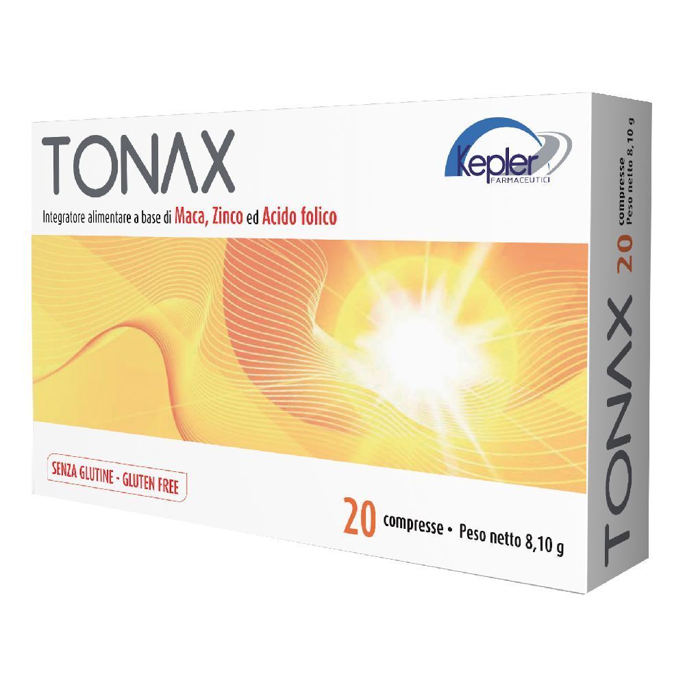 Scatola di "TONAX 20 Compresse". Contiene 20 compresse. Marchio Kepler. Senza glutine.