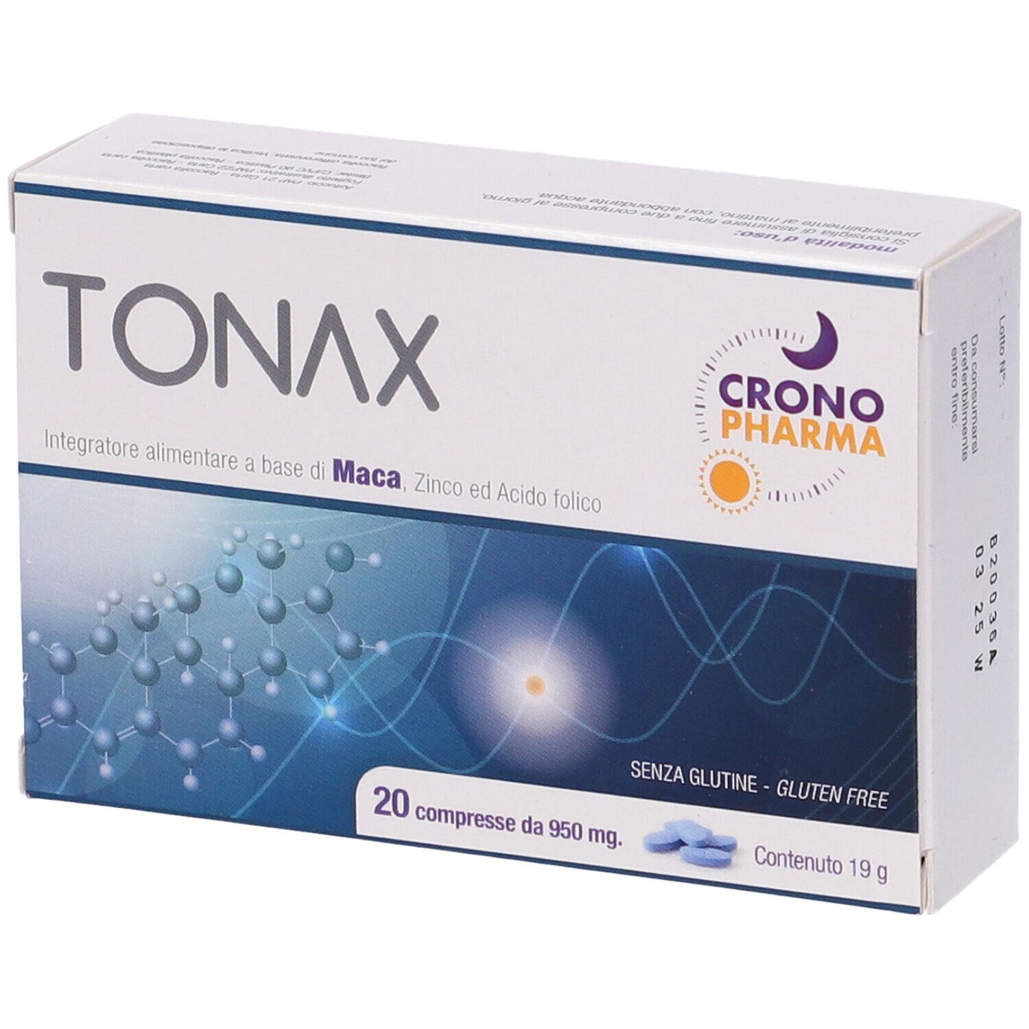 Scatola "TONAX 20 Compresse". Contiene 20 compresse. Marchio Crono Pharma. Senza glutine.