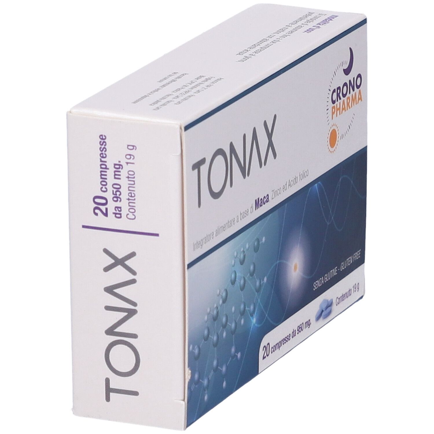 Scatola "TONAX 20 Compresse". Marchio Crono Pharma. 20 compresse. Senza glutine.