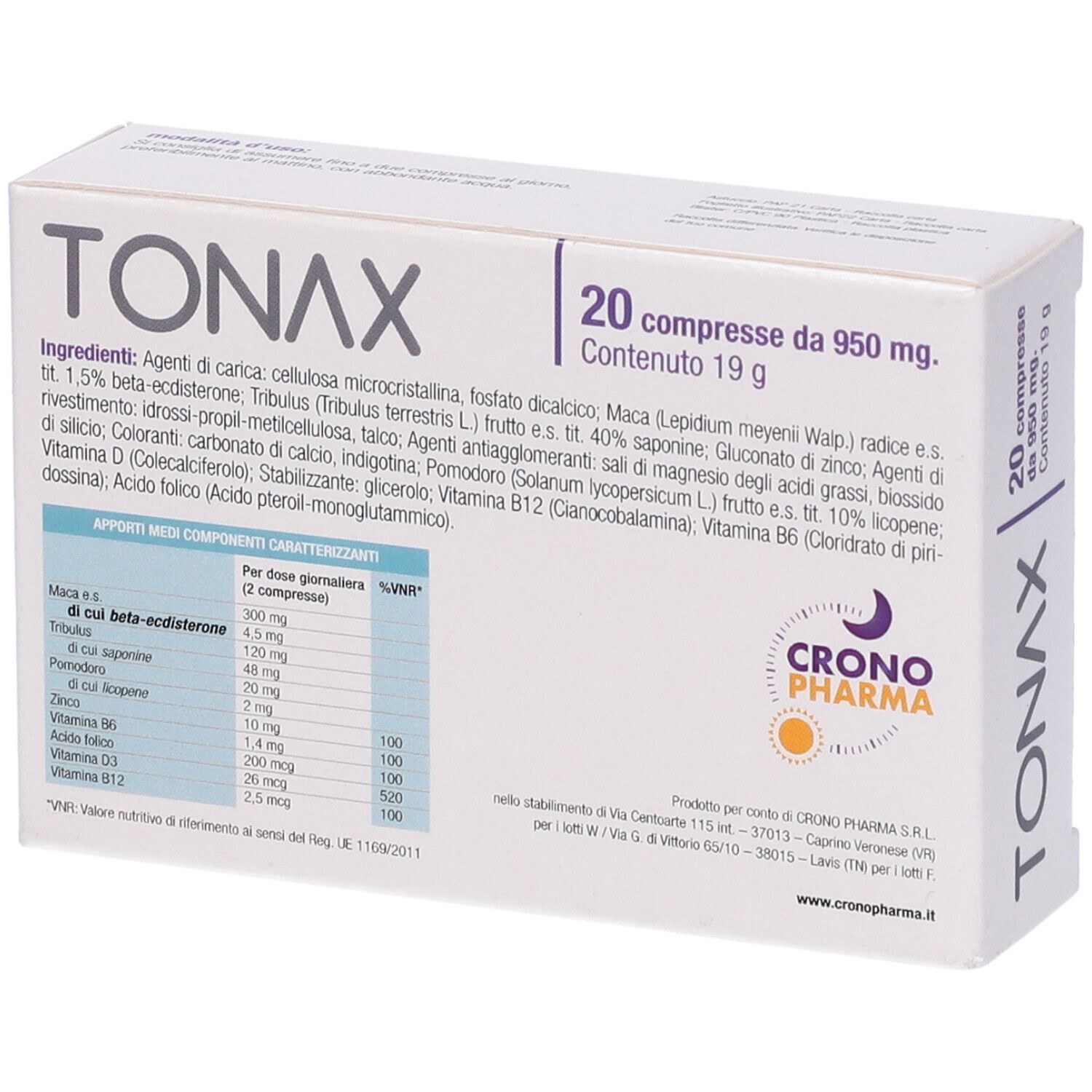 Scatola "TONAX 20 Compresse". Retro con ingredienti e informazioni nutrizionali. Marchio Crono Pharma.