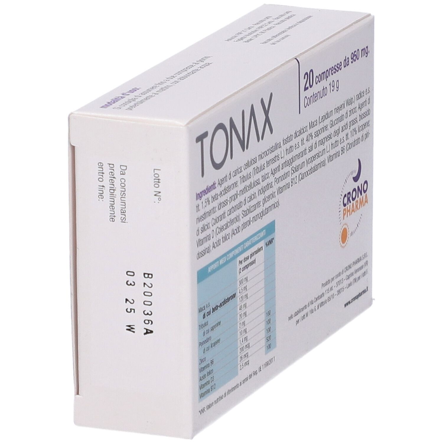 Scatola "TONAX 20 Compresse". Retro con data di scadenza e ingredienti. Marchio Crono Pharma.