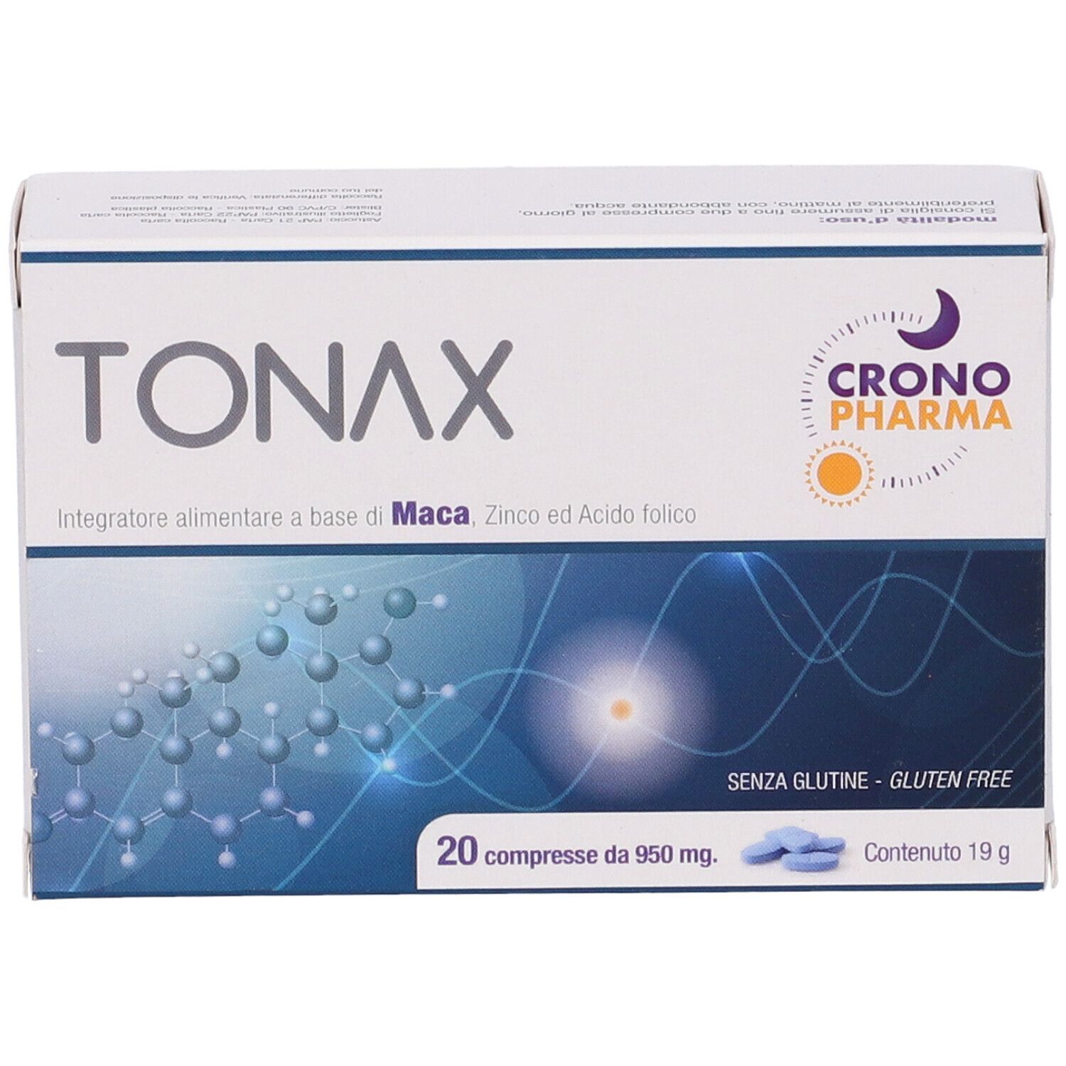 Scatola "TONAX 20 Compresse". Marchio Crono Pharma. 20 compresse. Senza glutine.