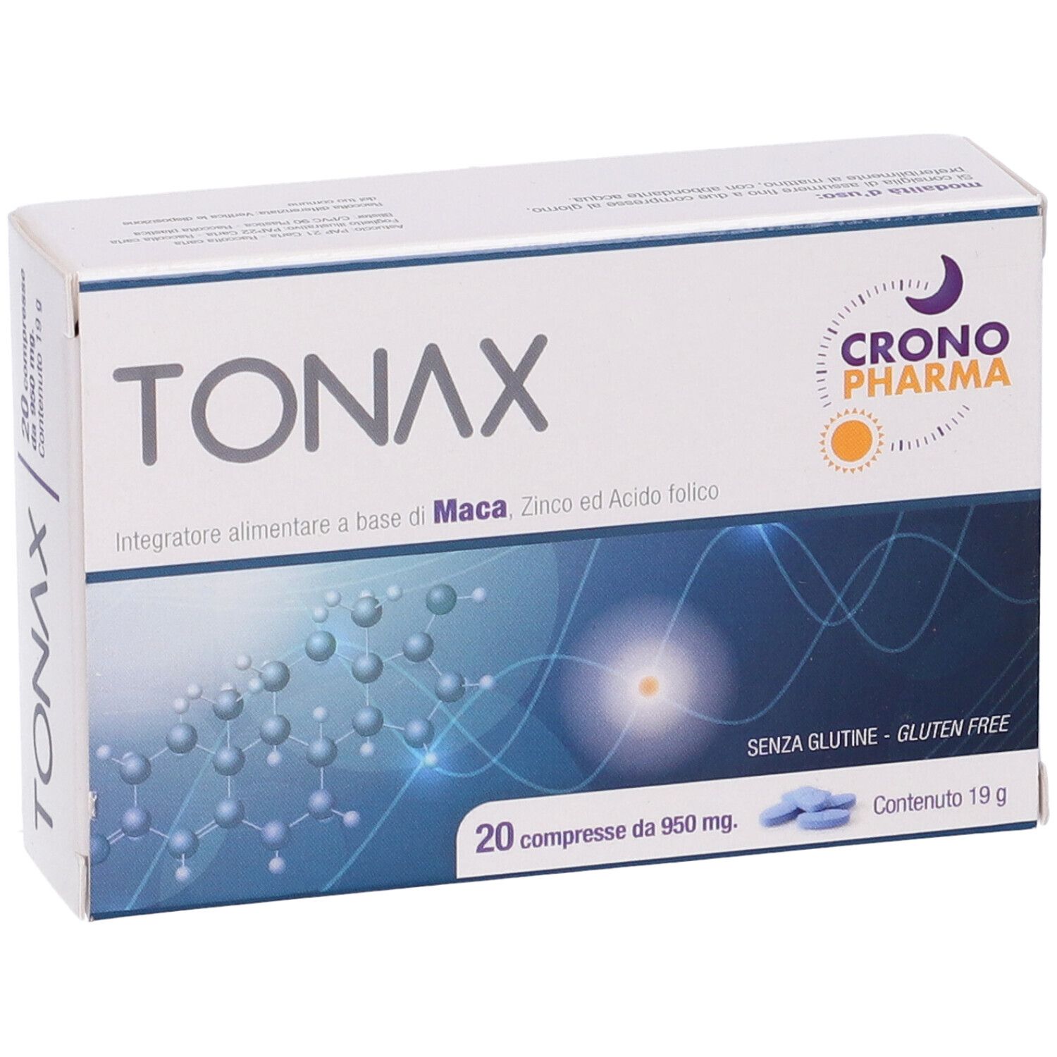 Scatola "TONAX 20 Compresse". Marchio Crono Pharma. 20 compresse. Senza glutine.