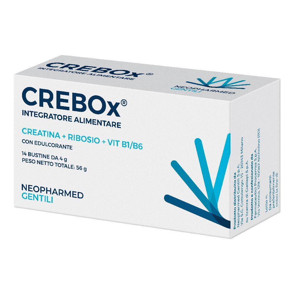 Scatola bianca "CREBOX". Contiene creatina, ribosio, vitamine B1/B6. Marca: NEOPHARMED GENTILI. 14 bustine.