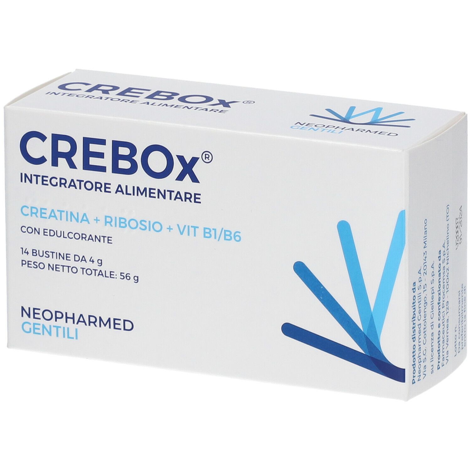 Scatola bianca "CREBOX". Contiene creatina, ribosio, vitamine B1/B6. Marca: NEOPHARMED GENTILI. 14 bustine, 56g.