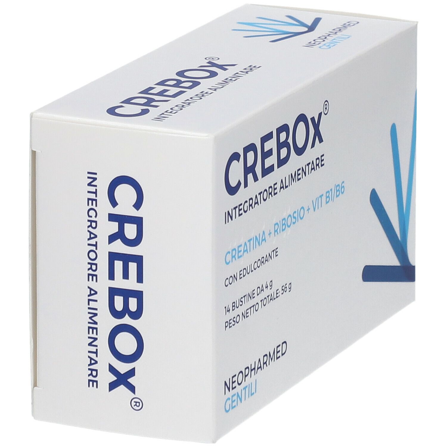 Scatola "CREBOX" con informazioni. Contiene creatina, ribosio, vitamine B1/B6. Marca: NEOPHARMED GENTILI. 14 bustine.