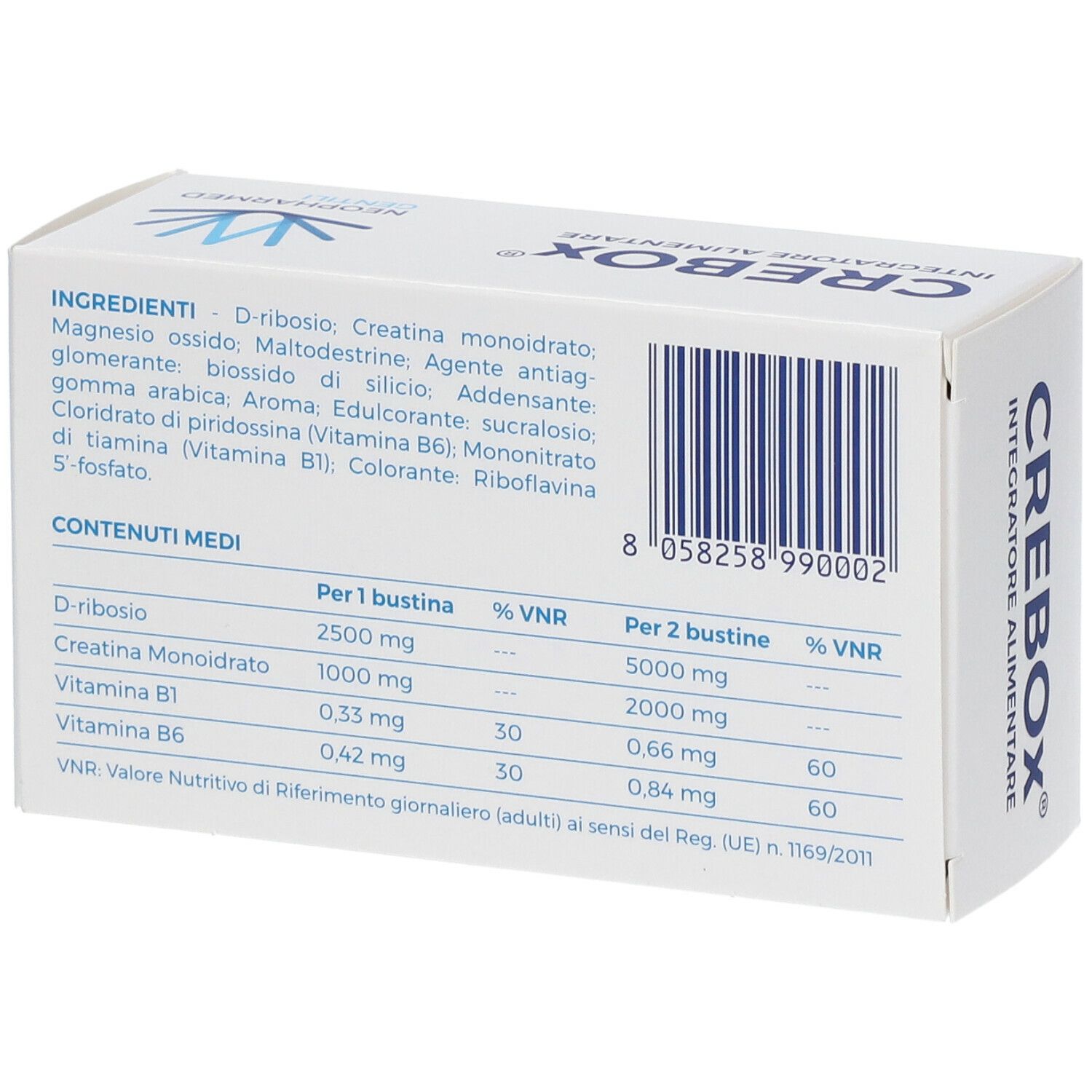 Retro scatola "CREBOX". Ingredienti e valori nutrizionali. Marca: NEOPHARMED GENTILI. Testo in italiano.
