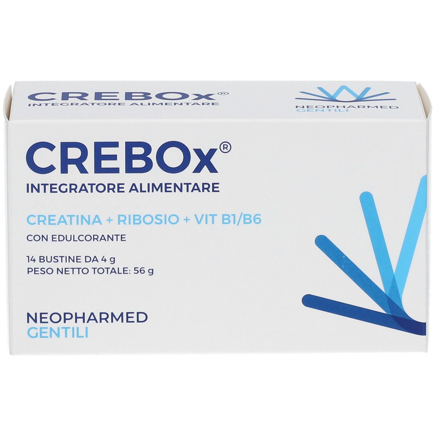 Scatola bianca "CREBOX". Contiene creatina, ribosio, vitamine B1/B6. Marca: NEOPHARMED GENTILI. 14 bustine, 56g.