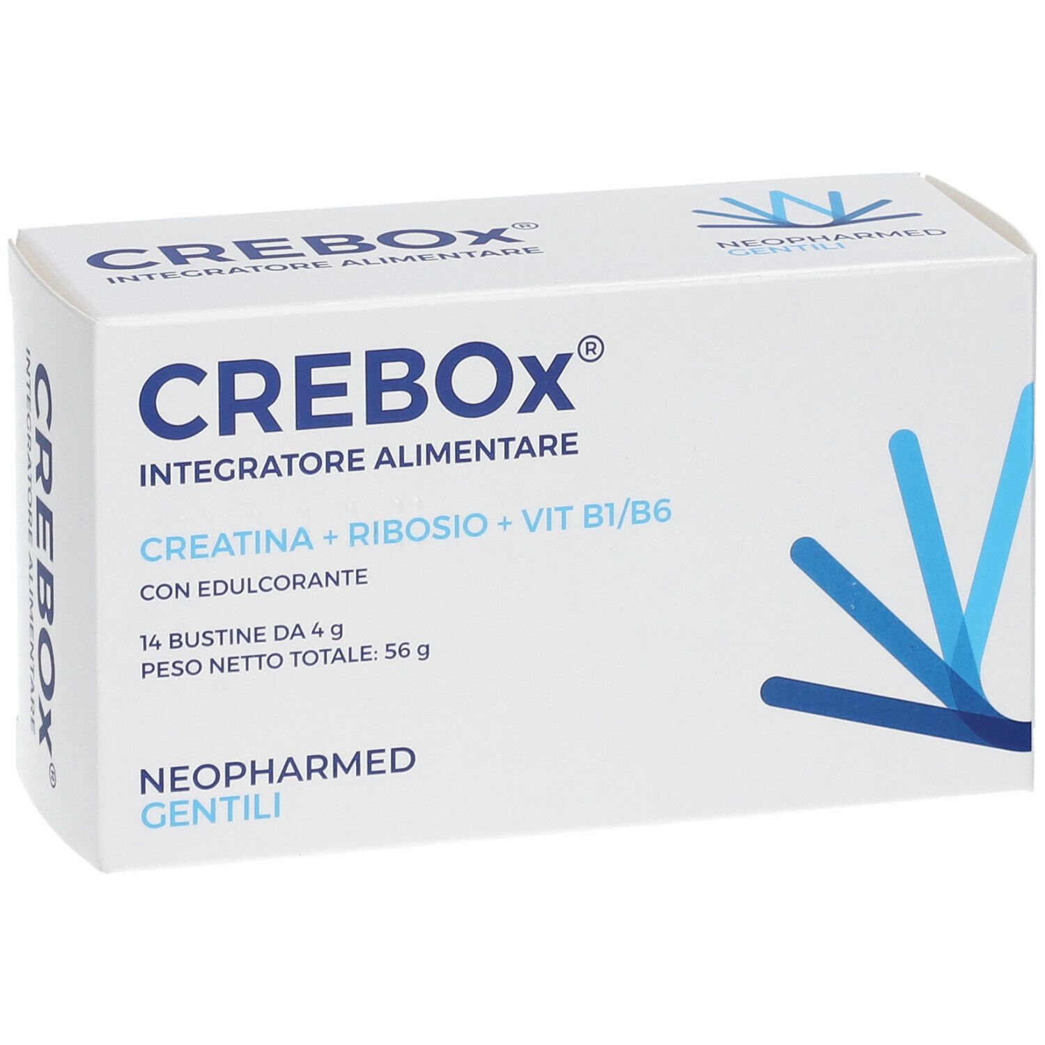 Scatola bianca "CREBOX". Contiene creatina, ribosio, vitamine B1/B6. Marca: NEOPHARMED GENTILI. 14 bustine, 56g.