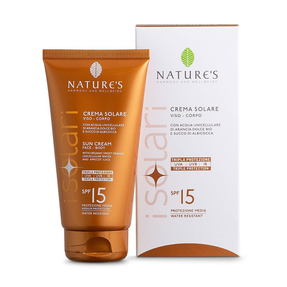 Tubo e confezione di crema solare. Marca NATURE'S, SPF 15. Testo: Crema Solare, viso-corpo. Tubo marrone, confezione bianca.