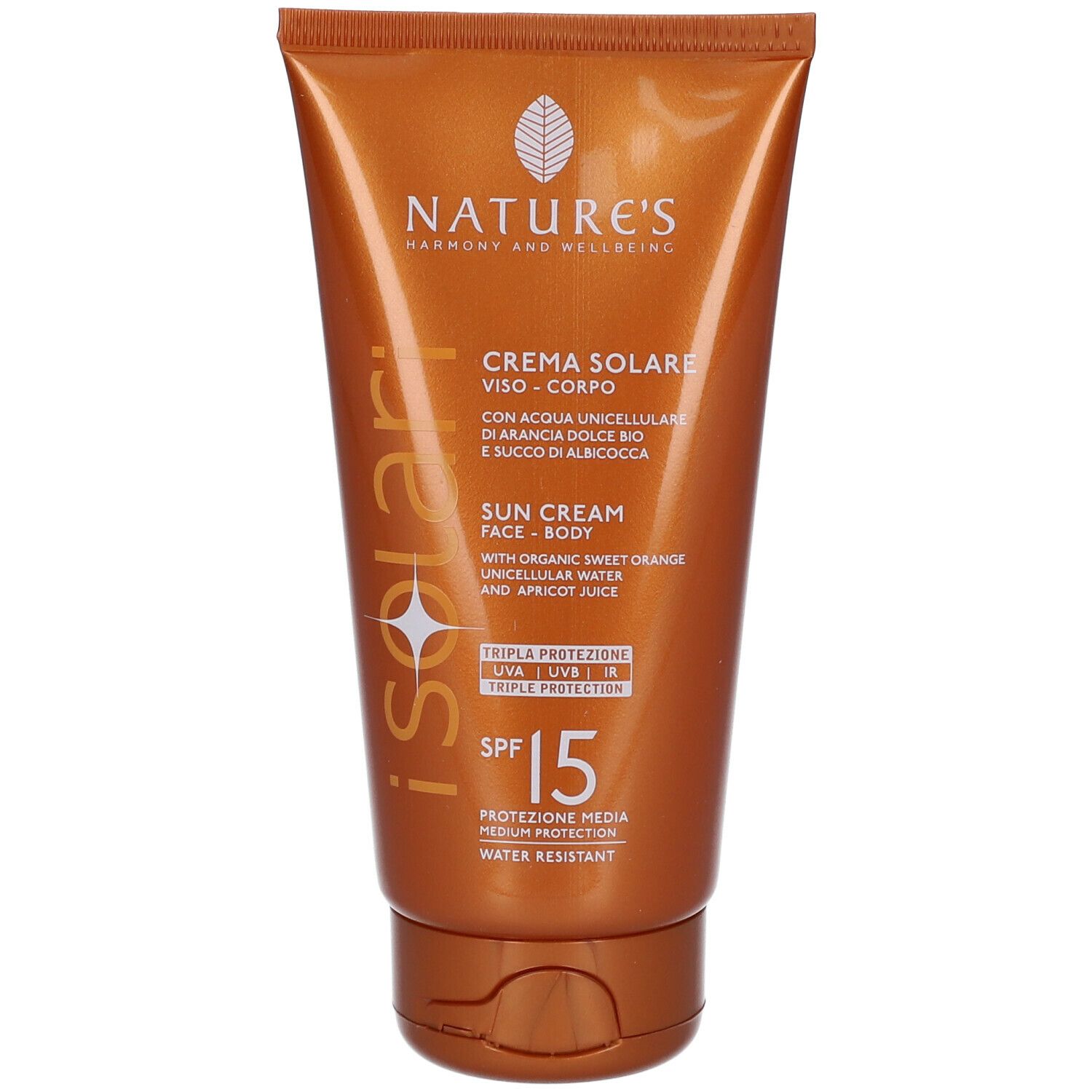Tubo di crema solare marrone. Marca NATURE'S, SPF 15. Testo: Crema Solare, viso-corpo. Con ingredienti e fattore SPF.