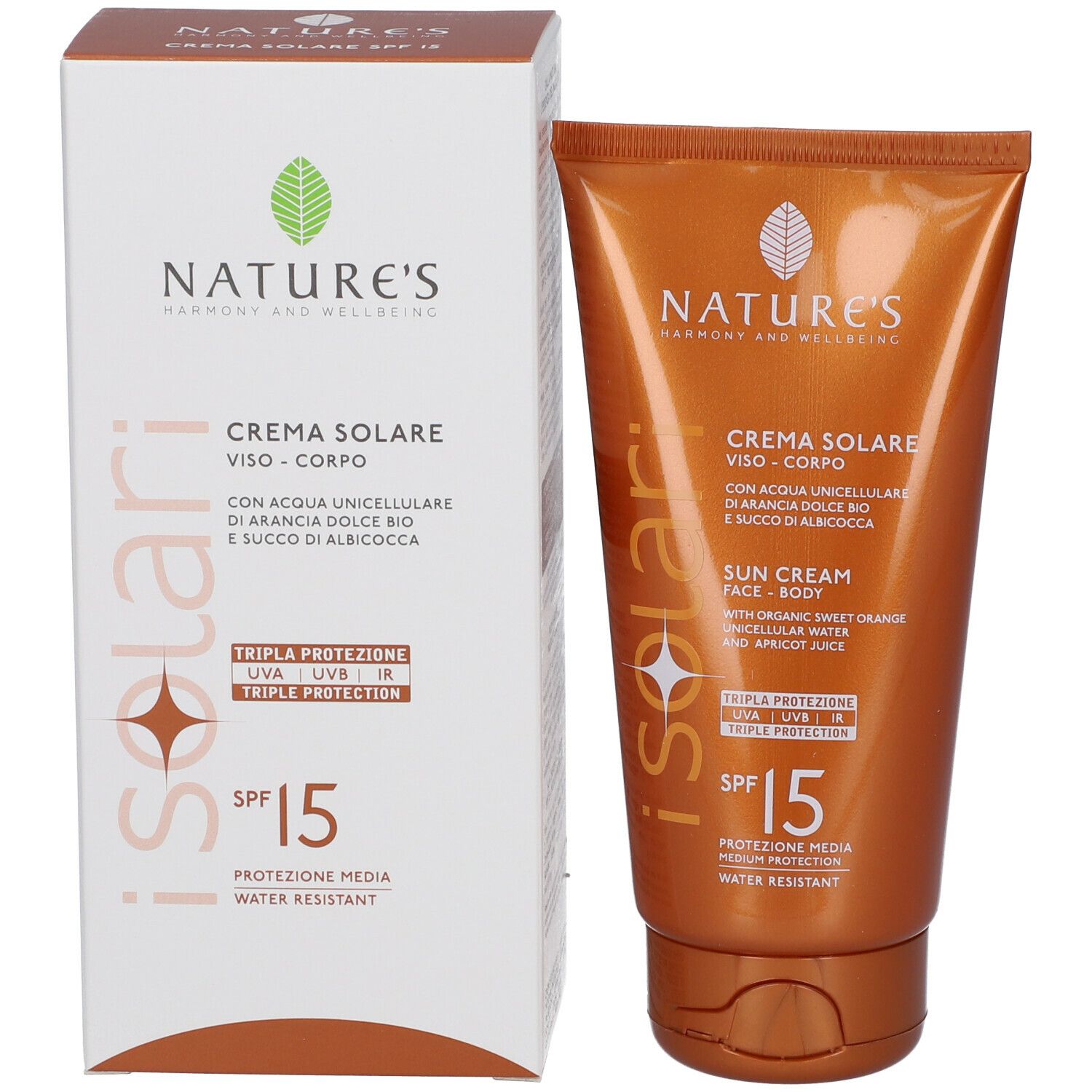 Tubo e confezione di crema solare. Marca NATURE'S, SPF 15. Testo: Crema Solare, viso-corpo. Confezione bianca, tubo marrone.