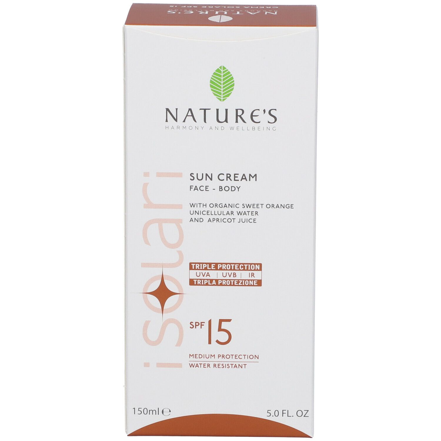 Confezione crema solare. Marca NATURE'S, SPF 15. Testo: Sun Cream, viso-corpo. 150ml, dettagli marroni.