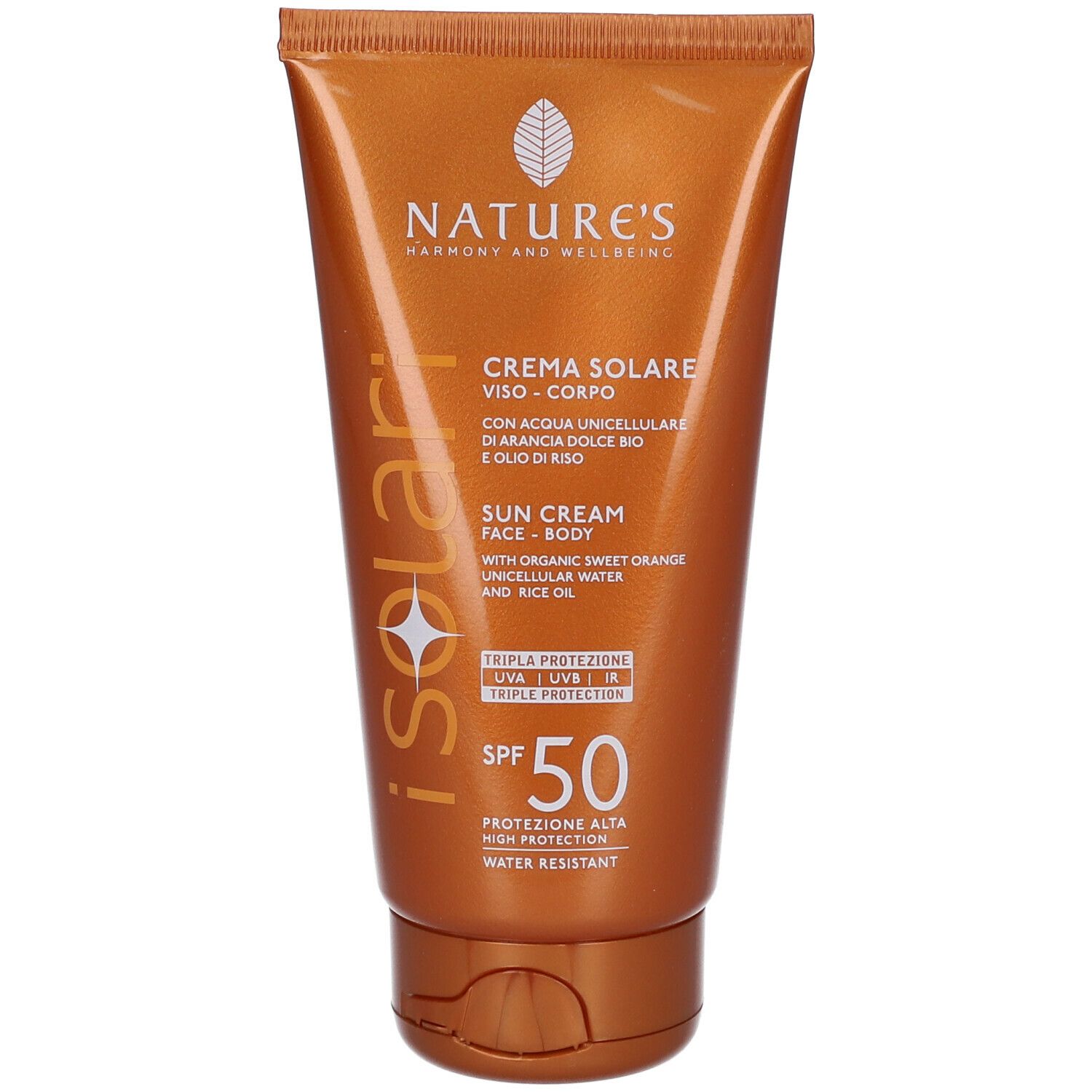 Tubo arancione con testo: NATURE'S, Crema Solare, SPF50, Tripla Protezione. Contiene acqua di arancia dolce e olio di riso.