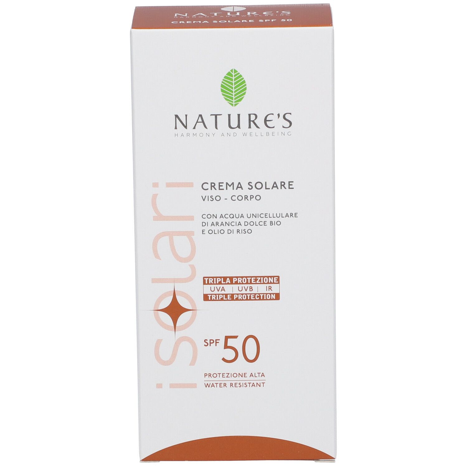 Confezione bianca con testo: NATURE'S, Crema Solare, SPF50, Tripla Protezione. Logo: foglia.
