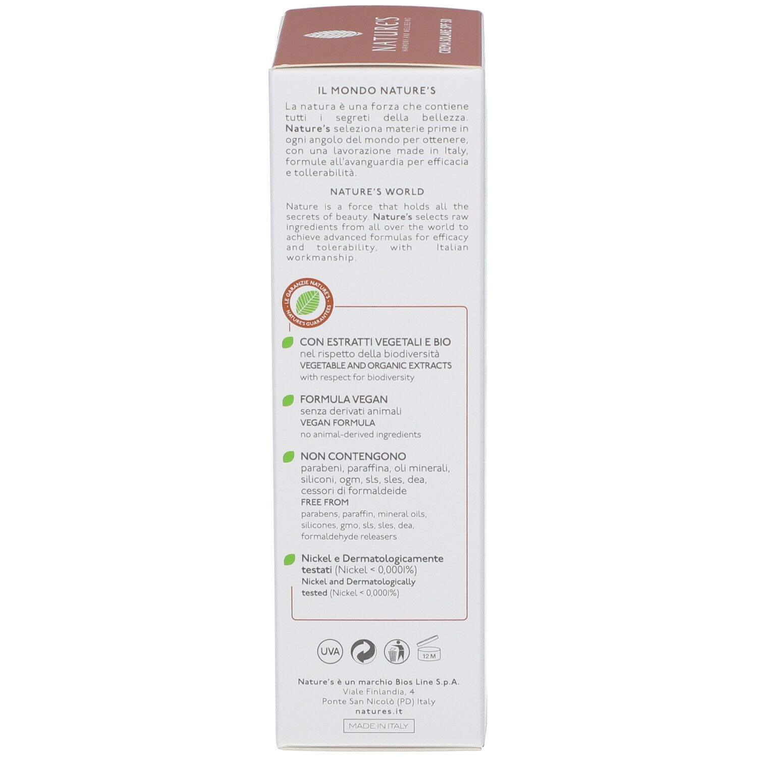 Confezione con testo: NATURE'S, ingredienti, formula vegana, dermatologicamente testato. Logo: foglia.