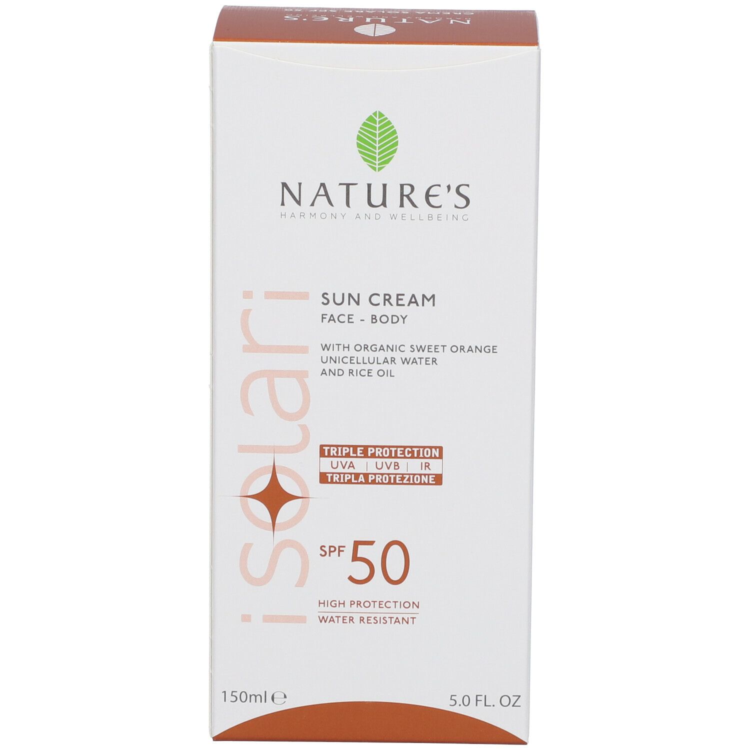 Confezione con testo: NATURE'S, Sun Cream, SPF50, Tripla Protezione, 150ml. Logo: foglia.
