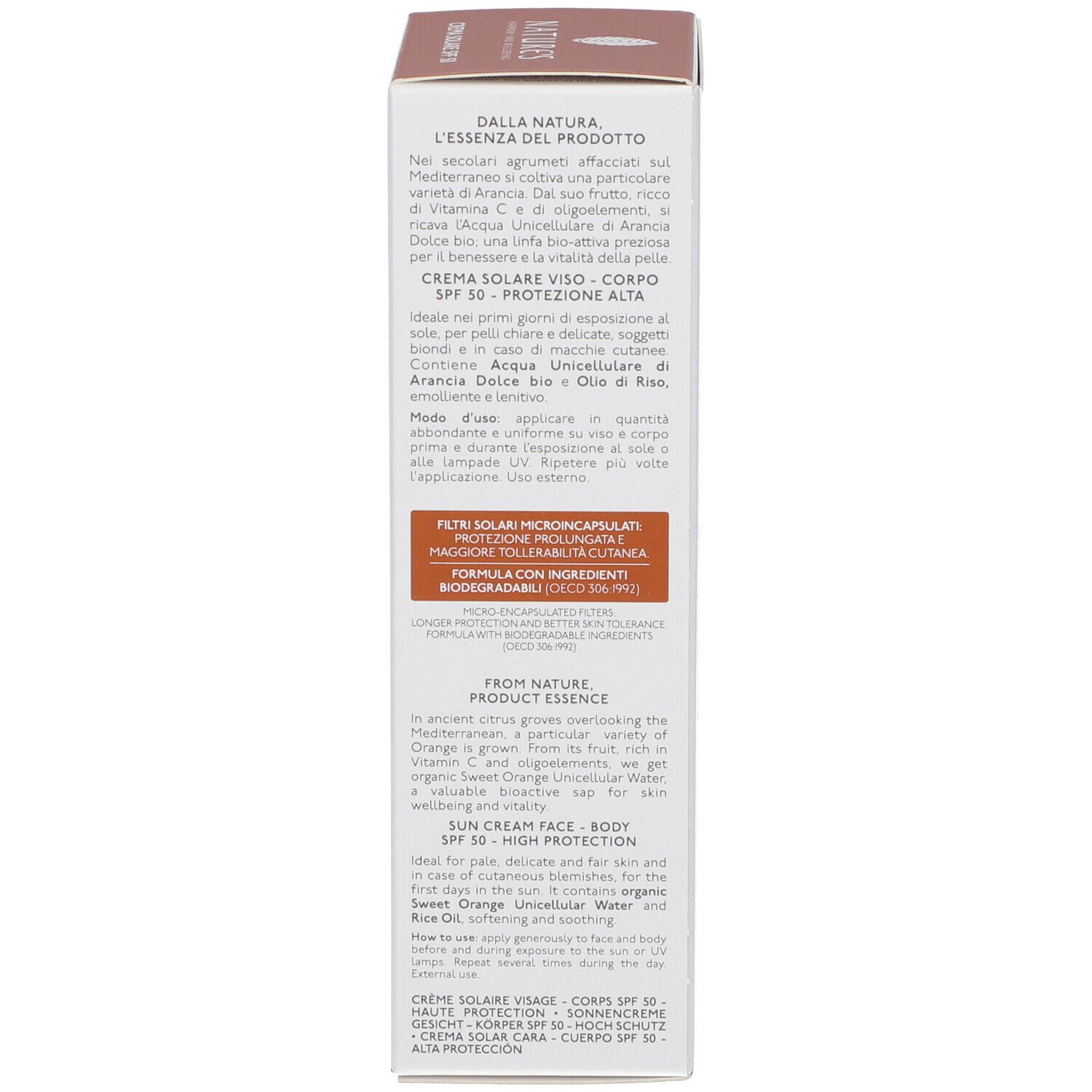 Confezione con testo: NATURE'S, Crema Solare, SPF50, ingredienti, istruzioni per l'uso. Logo: foglia.