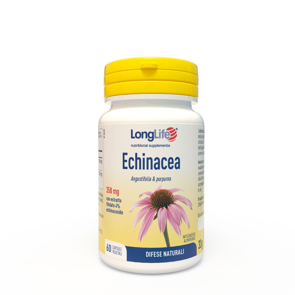 Flacone bianco con tappo giallo. Scritta: LongLife Echinacea, 60 capsule. Immagine di un fiore viola.