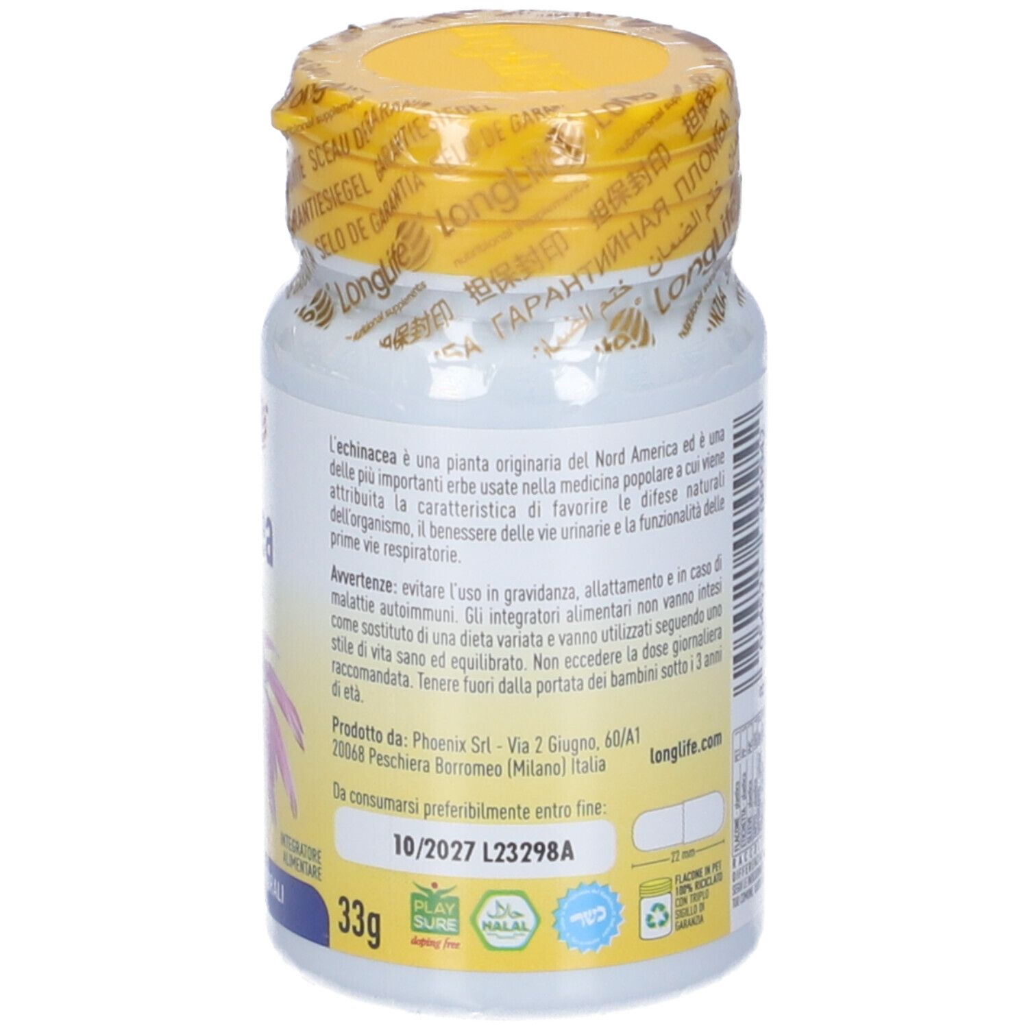 Flacone bianco con tappo e sigillo gialli. Retro con informazioni prodotto e certificazioni.