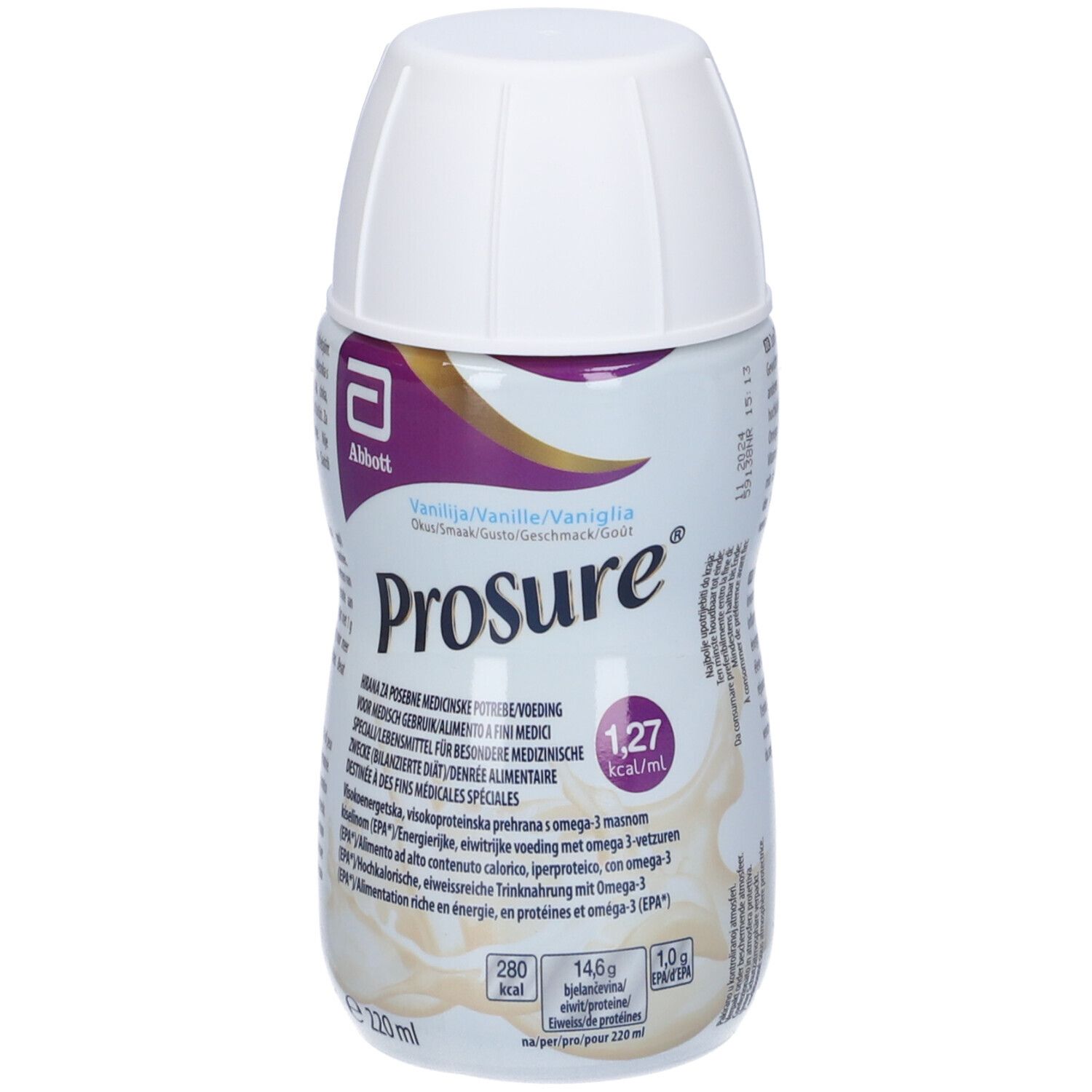 Bottiglia Abbott PROSURE® Vaniglia. Tappo bianco. Scritta PROSURE, gusto vaniglia. Informazioni nutrizionali e logo.
