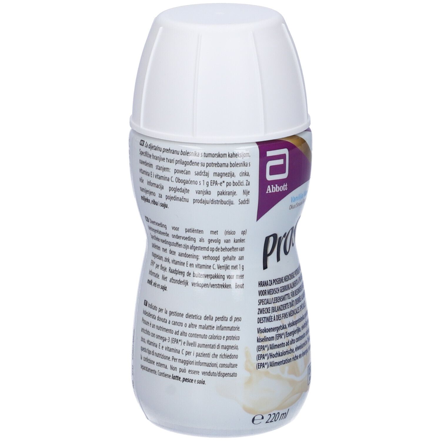 Bottiglia Abbott PROSURE® Vaniglia. Tappo bianco. Testo multilingue. Logo Abbott. Vista posteriore.