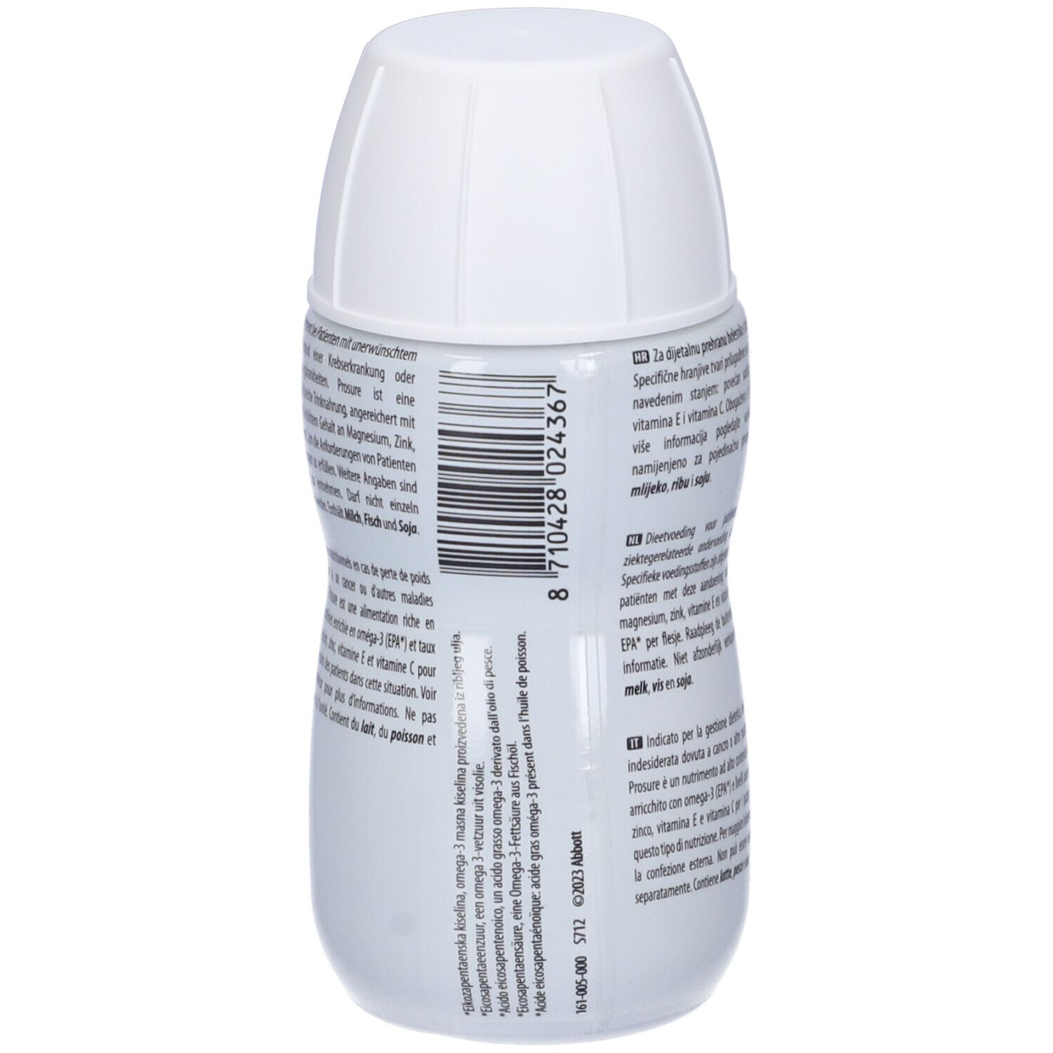 Bottiglia Abbott PROSURE® Vaniglia. Tappo bianco. Codice a barre e testo. Vista posteriore.