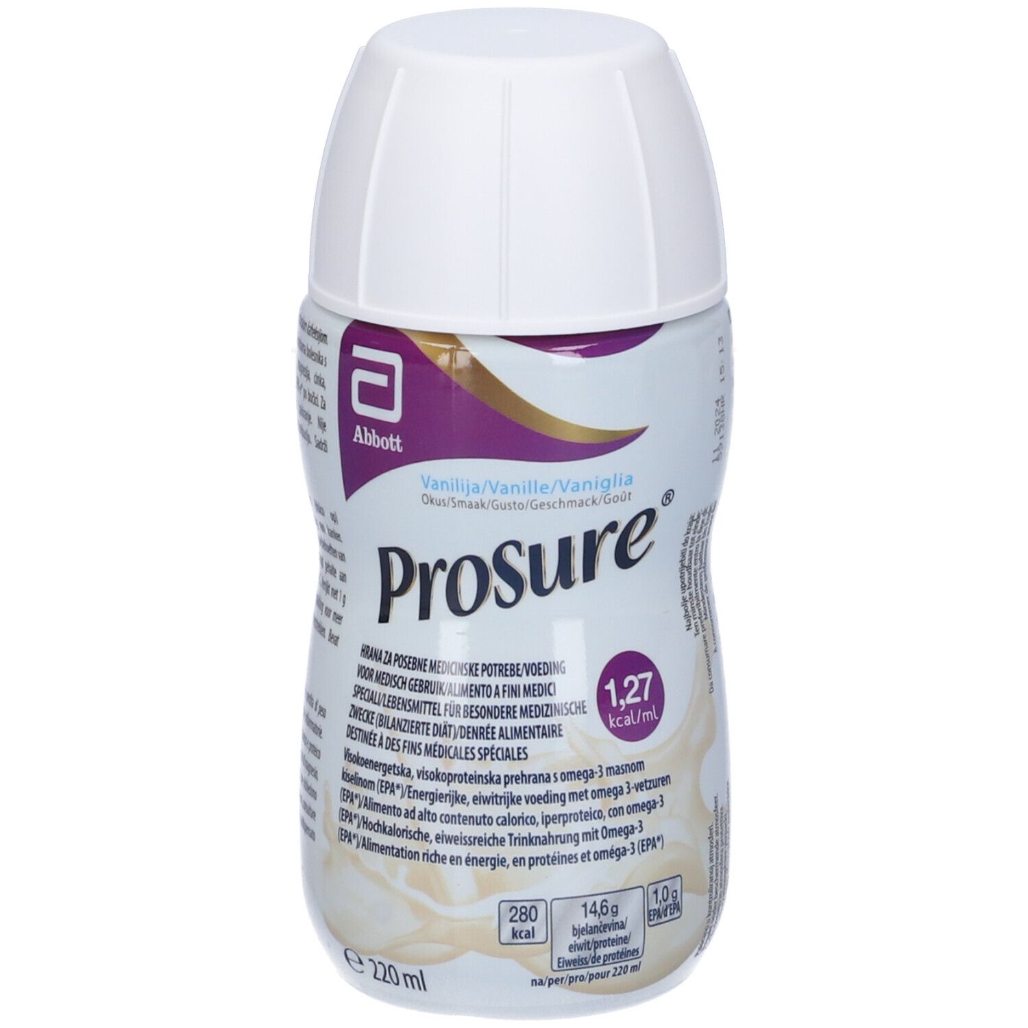 Bottiglia Abbott PROSURE® Vaniglia. Tappo bianco. Scritta PROSURE, gusto vaniglia. Informazioni nutrizionali e logo.