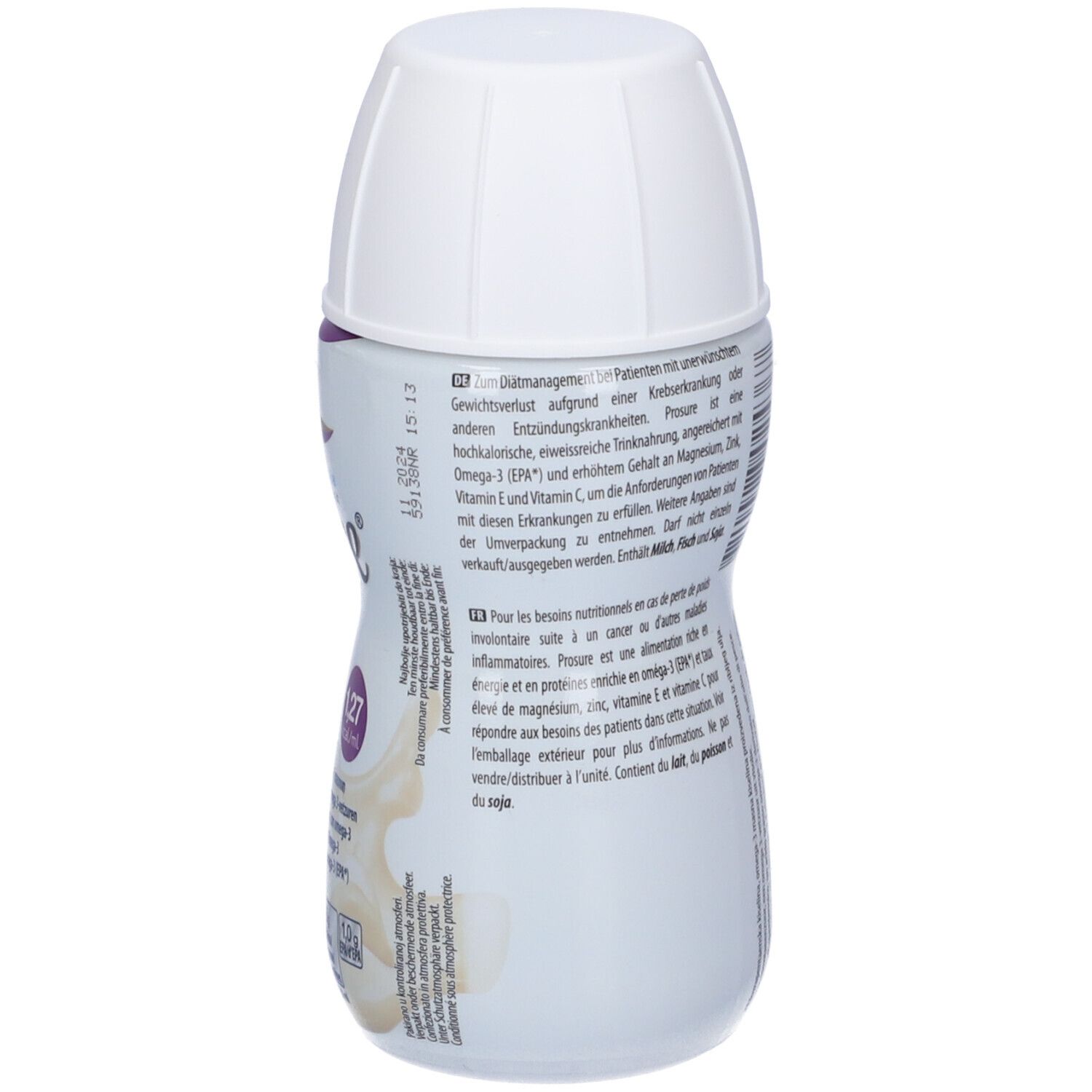 Bottiglia Abbott PROSURE® Vaniglia. Tappo bianco. Testo multilingue. Vista posteriore.