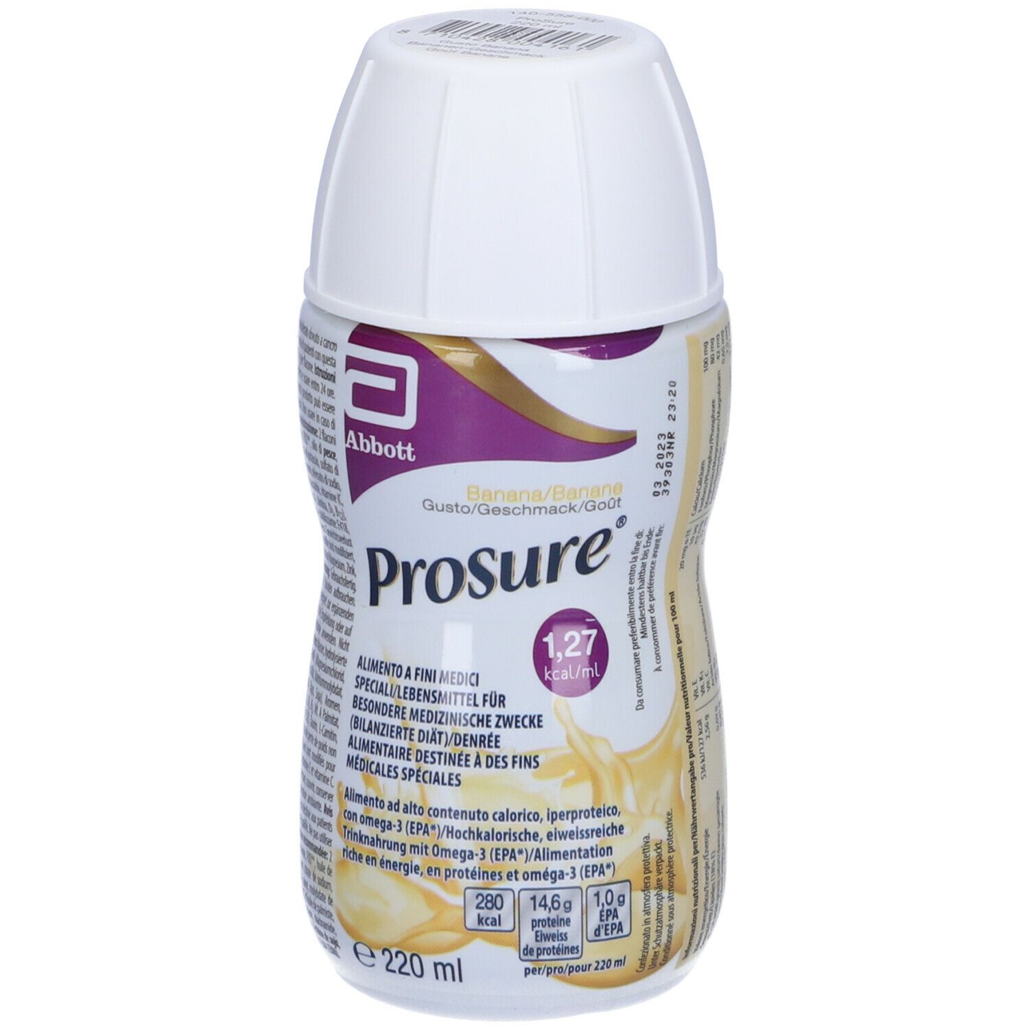 Bottiglia Abbott Prosure Banana, tappo bianco. Scritta: Prosure, 1,27 kcal/ml, 220 ml.