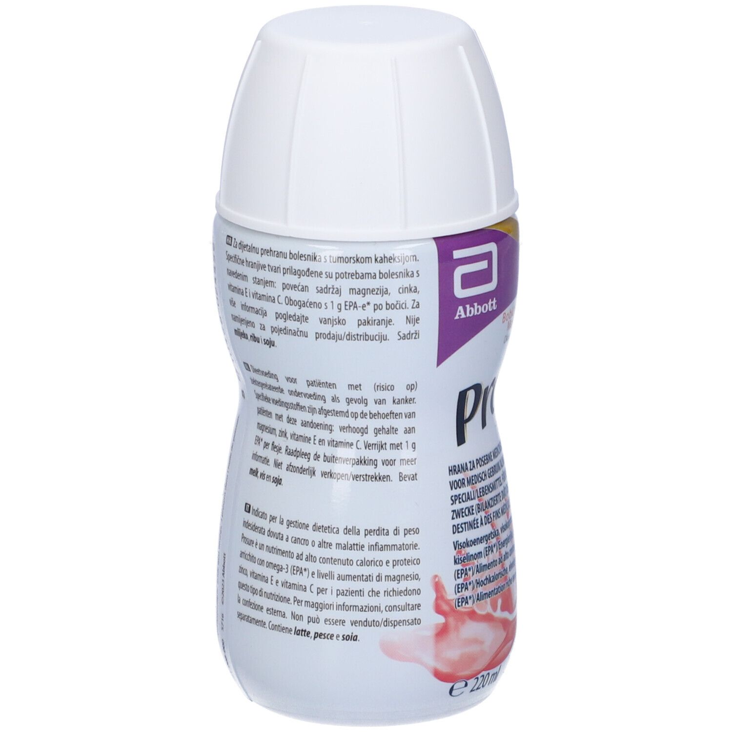 Bottiglia di bevanda Prosure, retro. Testo multilingue. Logo Abbott. Contenuto: 220 ml. Informazioni nutrizionali.