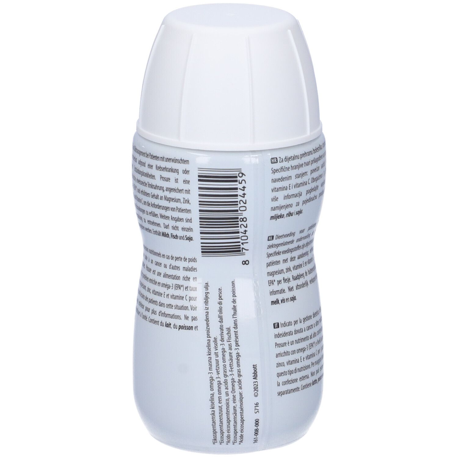 Bottiglia di bevanda Prosure, retro. Codice a barre e testo multilingue. Contenuto: 220 ml.