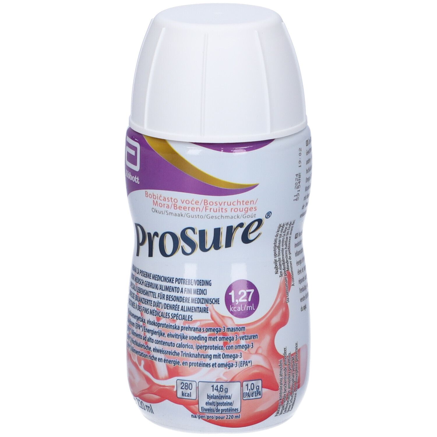 Bottiglia di bevanda Prosure con tappo bianco. Scritta Prosure, logo Abbott. Contenuto: 220 ml. Informazioni nutrizionali.
