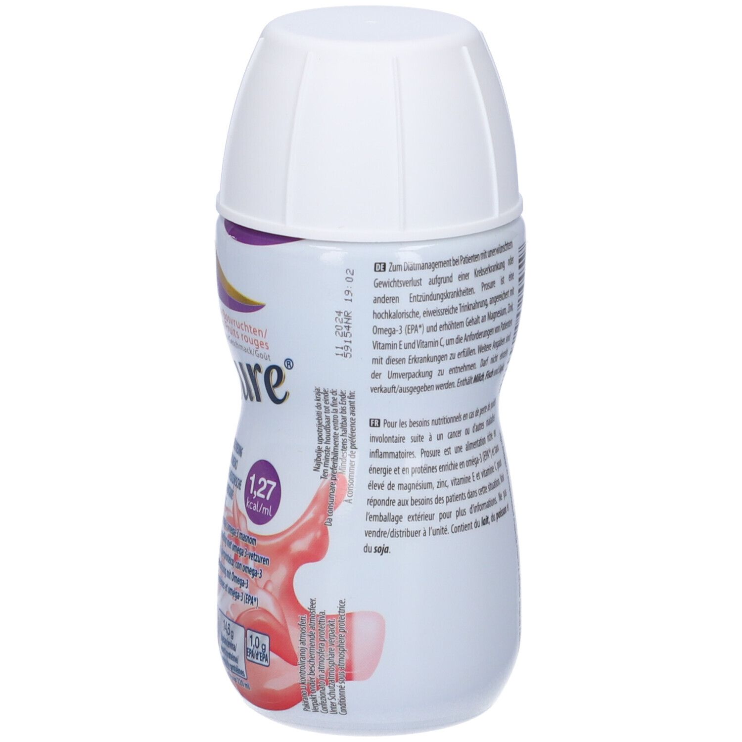 Bottiglia di bevanda Prosure, retro. Testo multilingue. Logo Abbott. Contenuto: 220 ml. Informazioni nutrizionali.