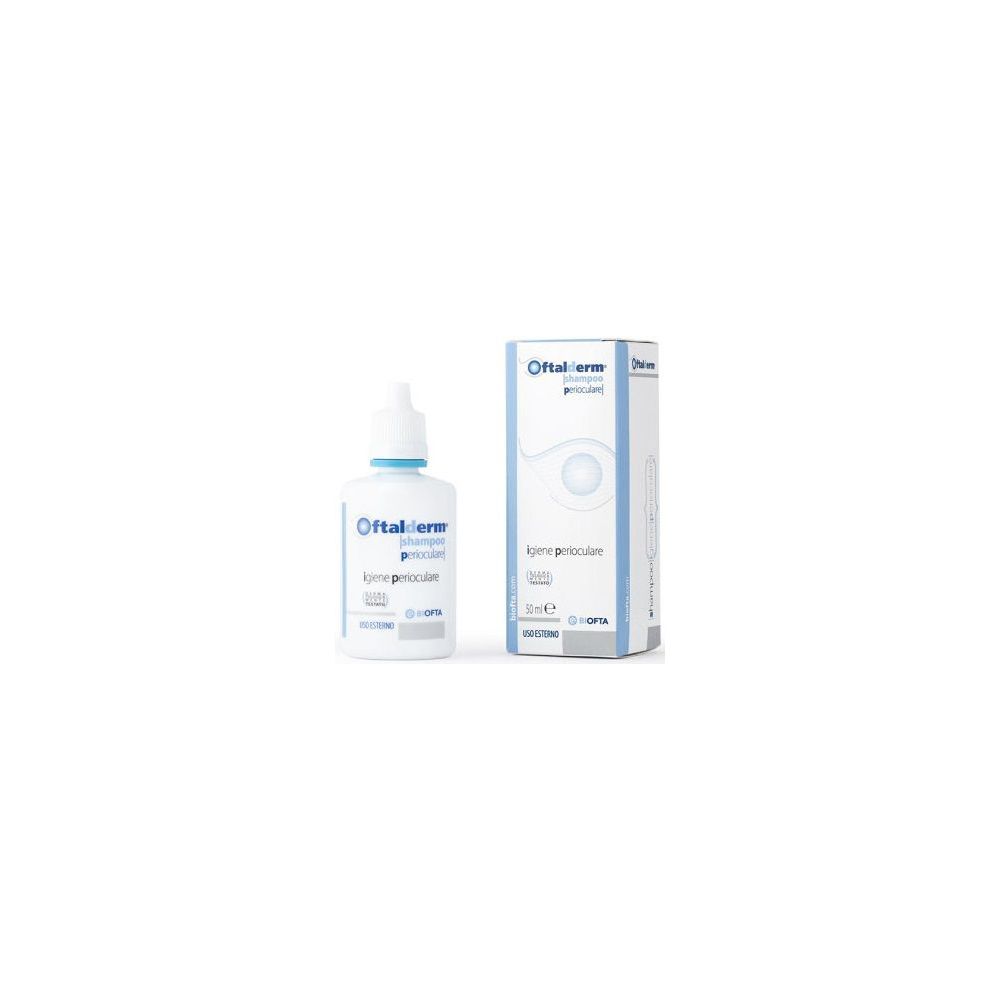 Flacone bianco con tappo blu ed etichetta. Scatola con informazioni sul prodotto.