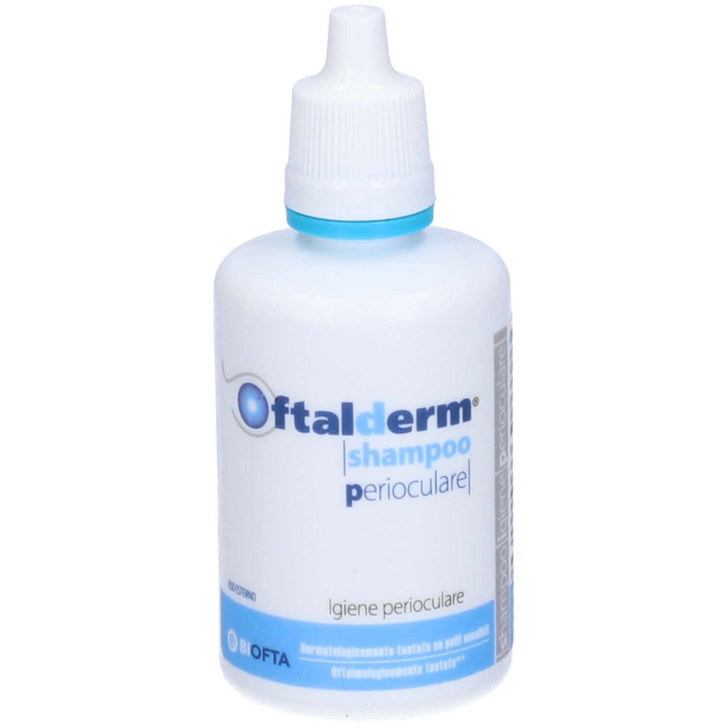 Flacone bianco con tappo blu. Scritta: Oftalderm shampoo perioculare.