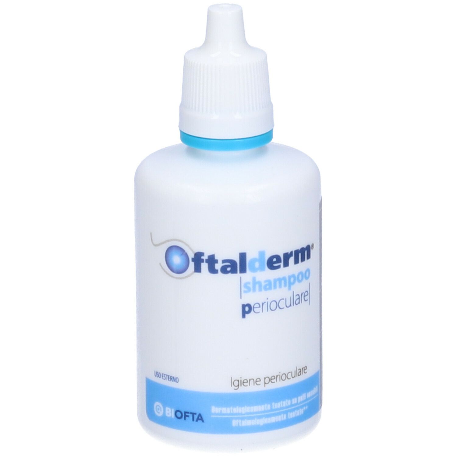 Flacone bianco con tappo blu. Scritta: Oftalderm shampoo perioculare.