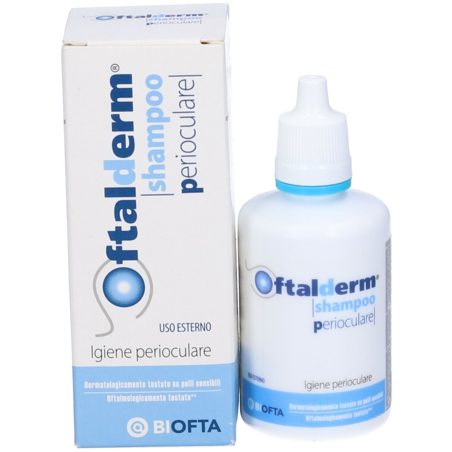 Flacone bianco con tappo blu e scatola. Scritta: Oftalderm shampoo perioculare.