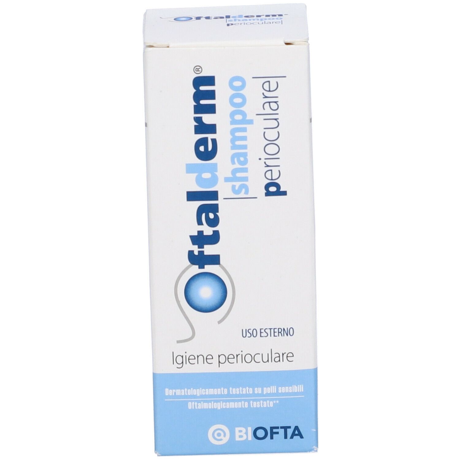 Scatola con informazioni sul prodotto. Scritta: Oftalderm shampoo perioculare.
