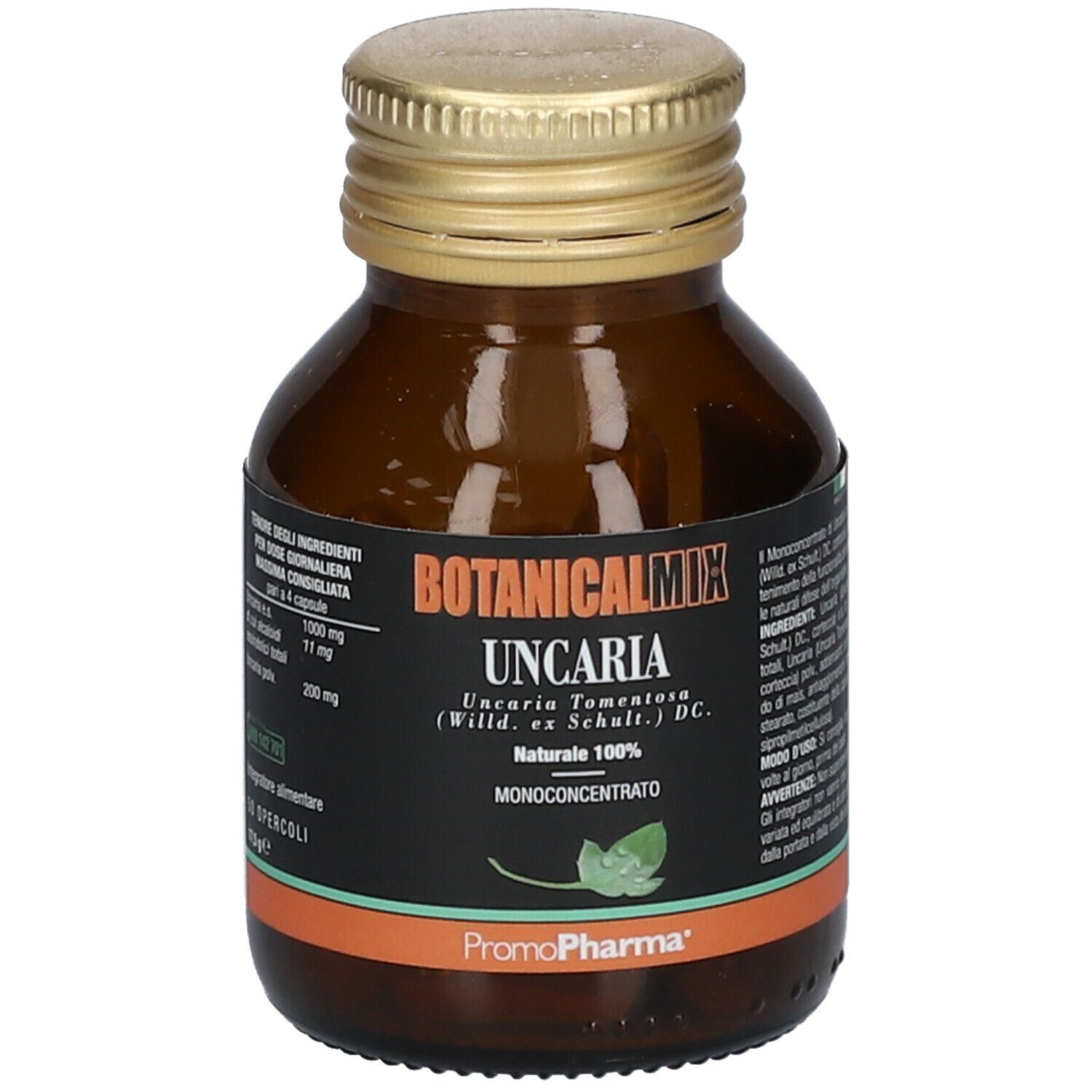 Flacone di vetro marrone con tappo dorato. Scritta: Botanical Mix Uncaria, Monoconcentrato. Marchio: PromoPharma.
