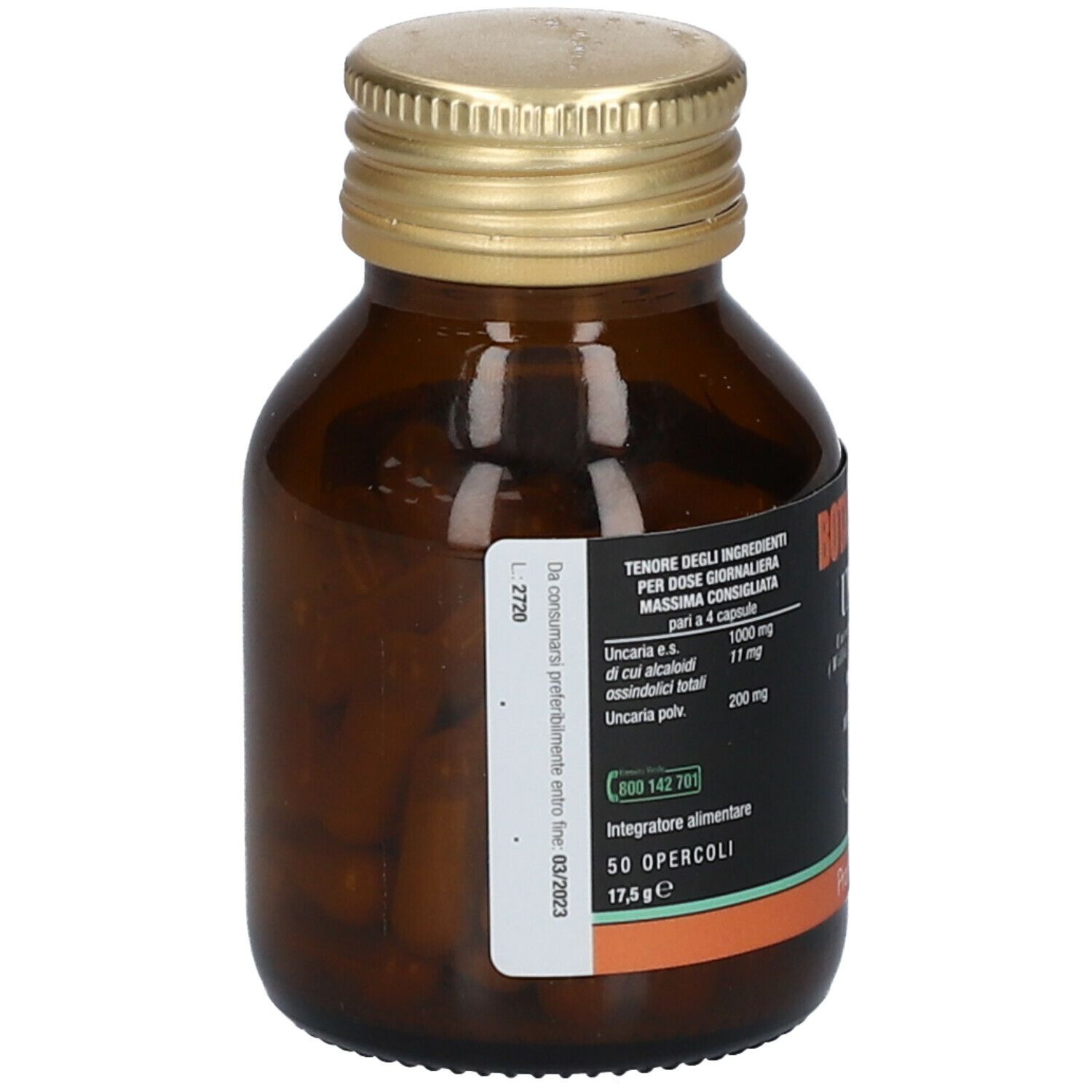 Flacone di vetro marrone con tappo dorato. Contiene capsule. Scritta: Botanical Mix Uncaria, 50 Opercoli, 17,5g.