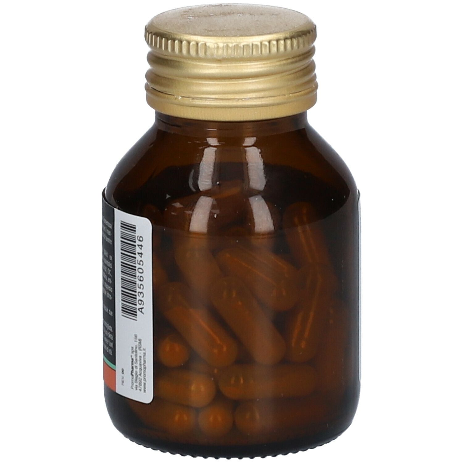 Flacone di vetro marrone con tappo dorato. Contiene capsule. Etichetta con informazioni e numero di lotto.