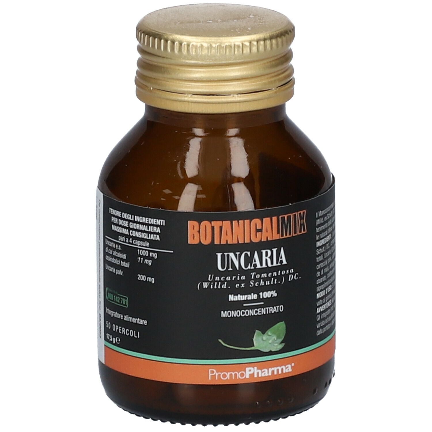 Flacone di vetro marrone con tappo dorato. Contiene capsule. Scritta: Botanical Mix Uncaria, Monoconcentrato.