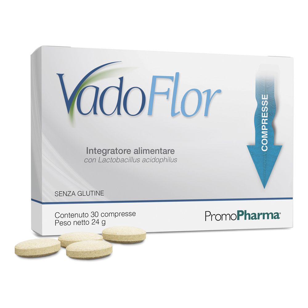 Scatola bianca con logo VadoFlor e compresse. Testo: Integratore alimentare con Lactobacillus acidophilus, senza glutine. 30 compresse.