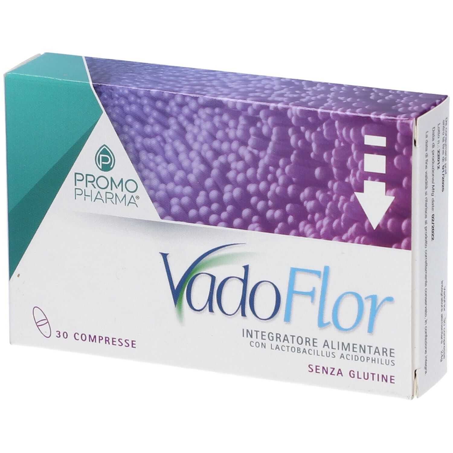 Scatola con logo VadoFlor, sfondo viola e testo: Integratore alimentare con Lactobacillus acidophilus, senza glutine. 30 compresse.