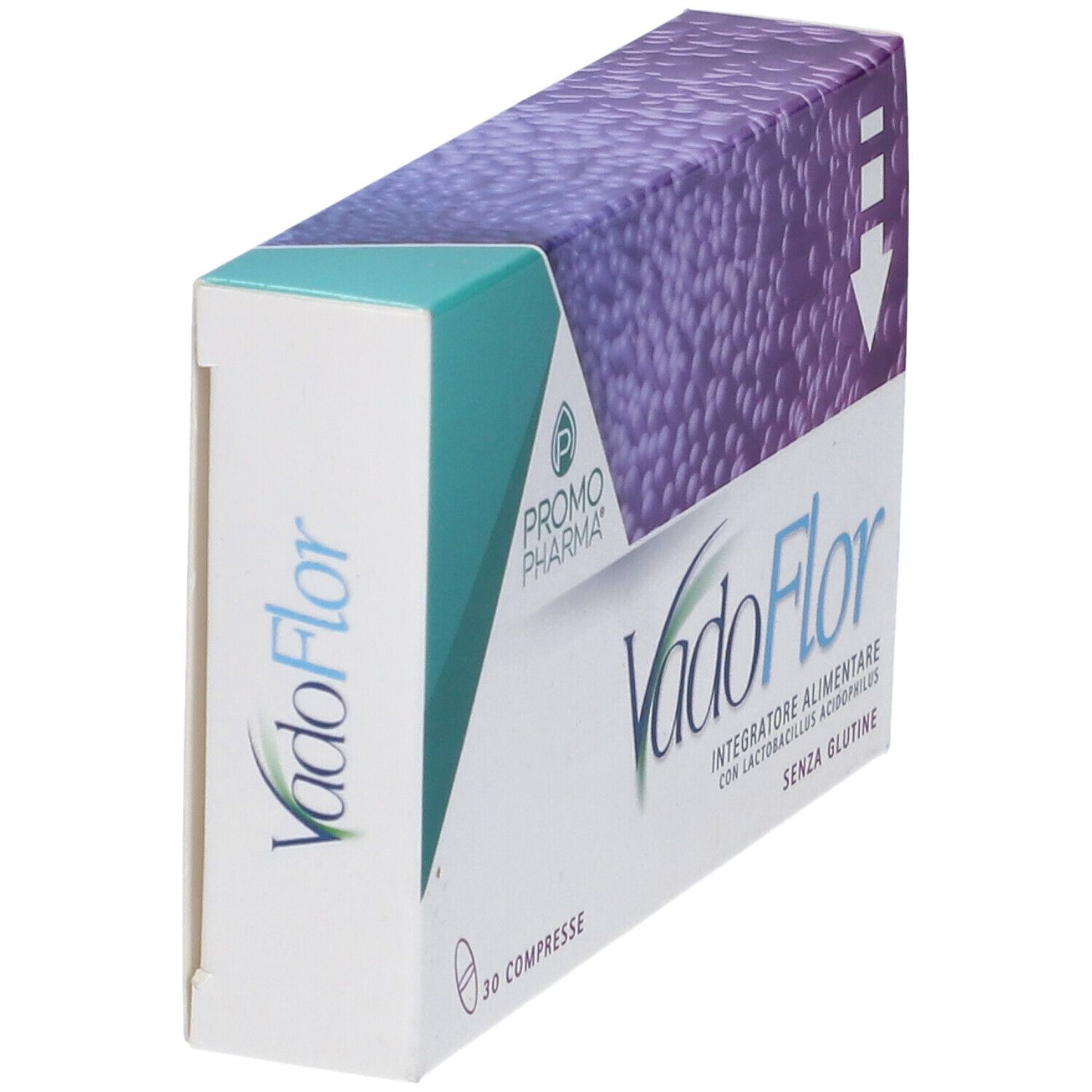 Scatola con logo VadoFlor, sfondo viola e testo: Integratore alimentare con Lactobacillus acidophilus, senza glutine. 30 compresse.
